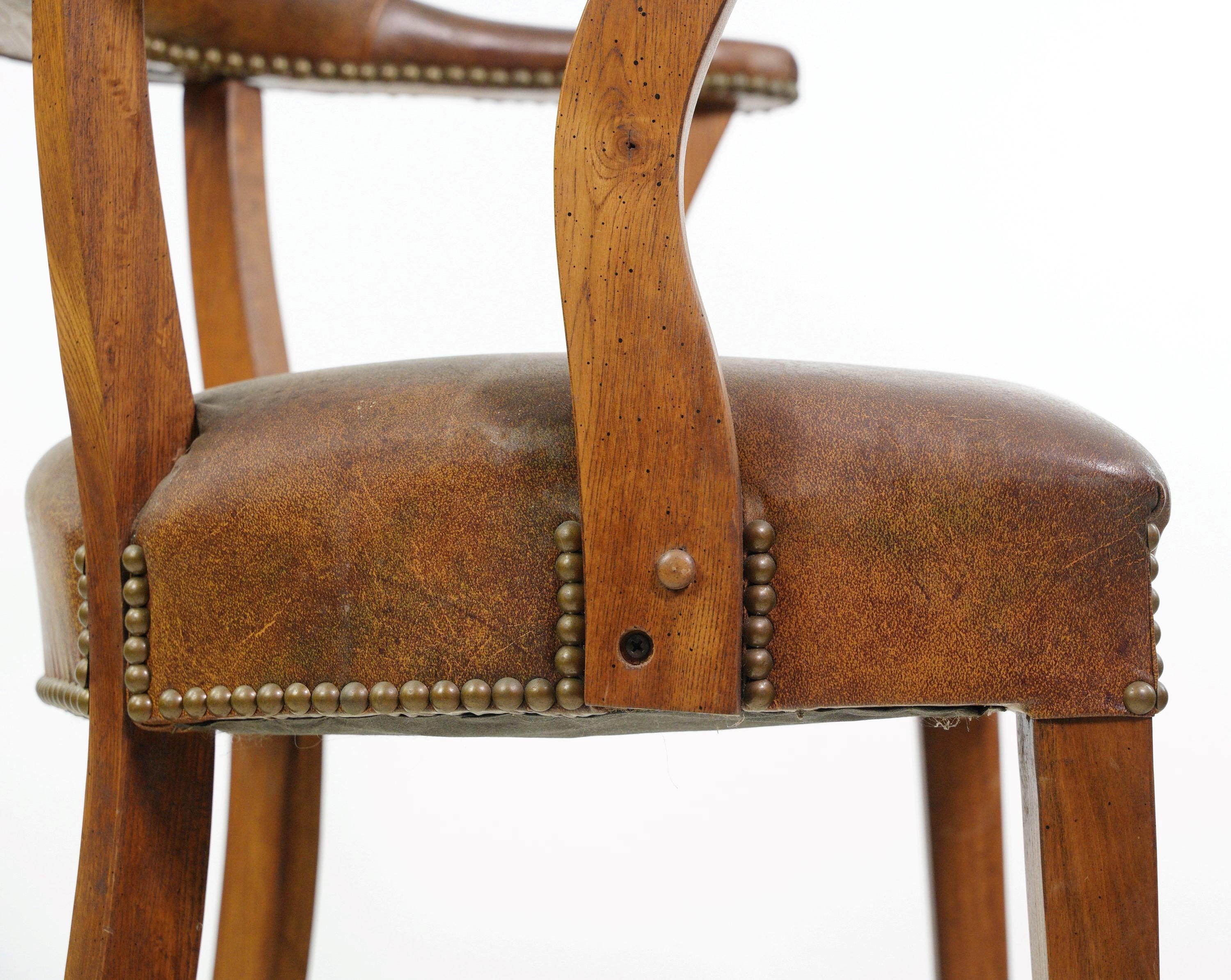 Upholstery Brass Studded Brown Vinyl + Wood Office Arm Chair