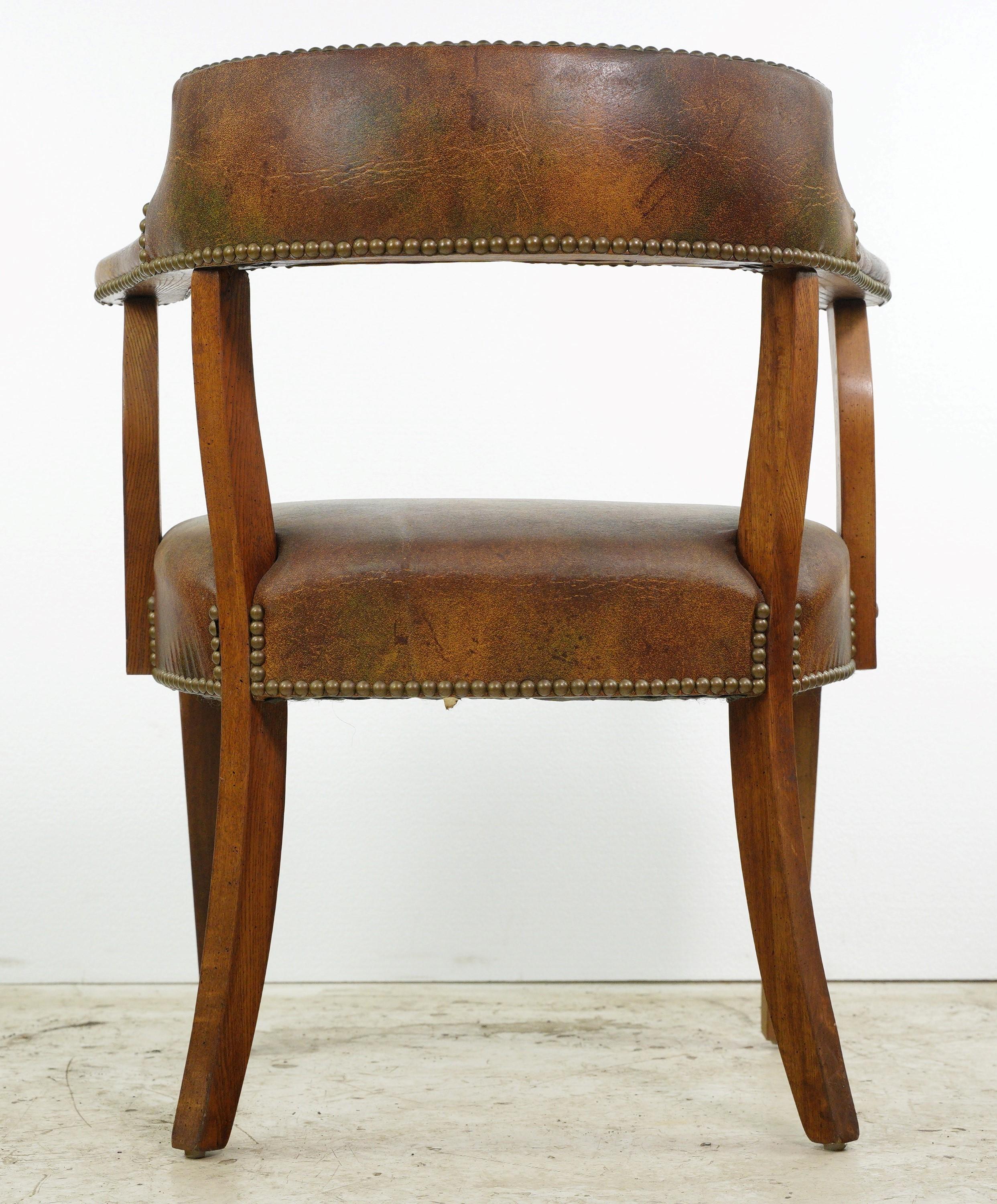 Brass Studded Brown Vinyl + Wood Office Arm Chair 1
