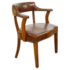 Brass Studded Brown Vinyl + Wood Office Arm Chair