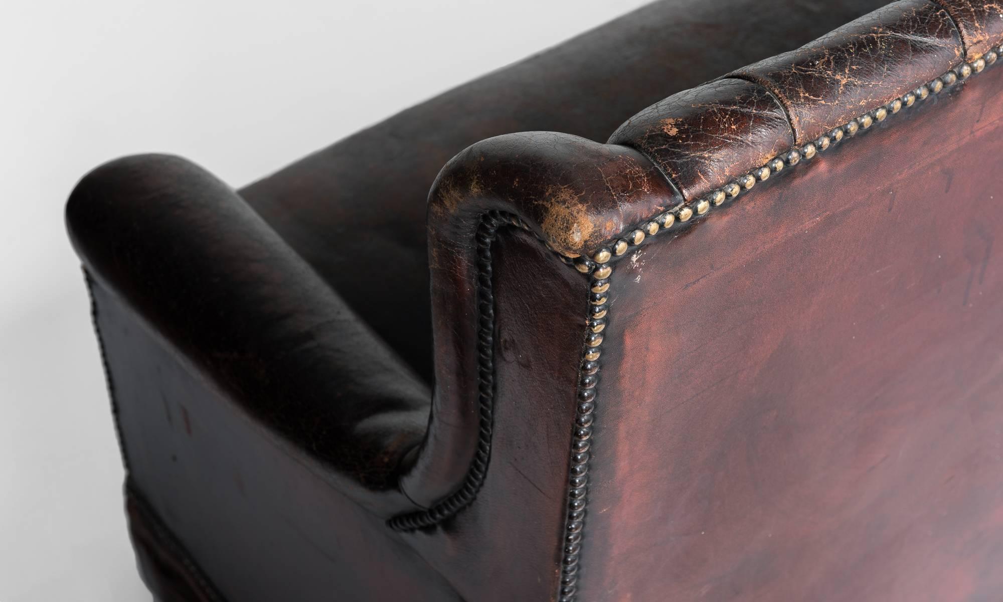 Victorian Brass Studded Leather Club Sofa, England, circa 1860