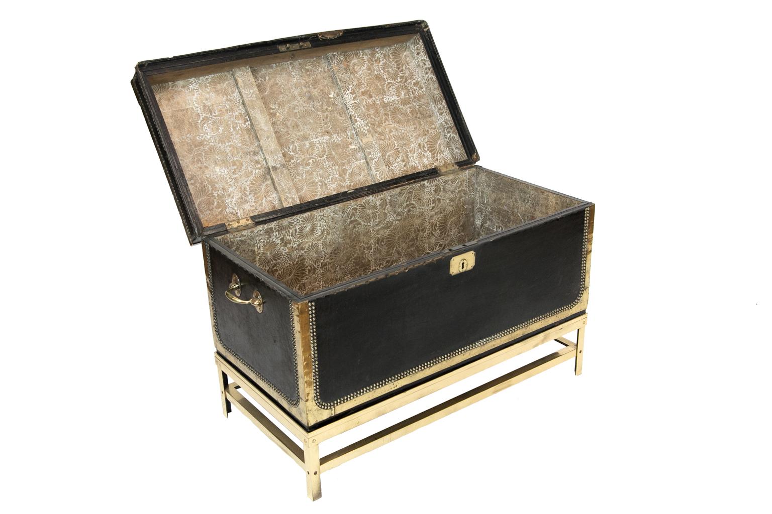 Brass Studded Leather Trunk on Stand 1