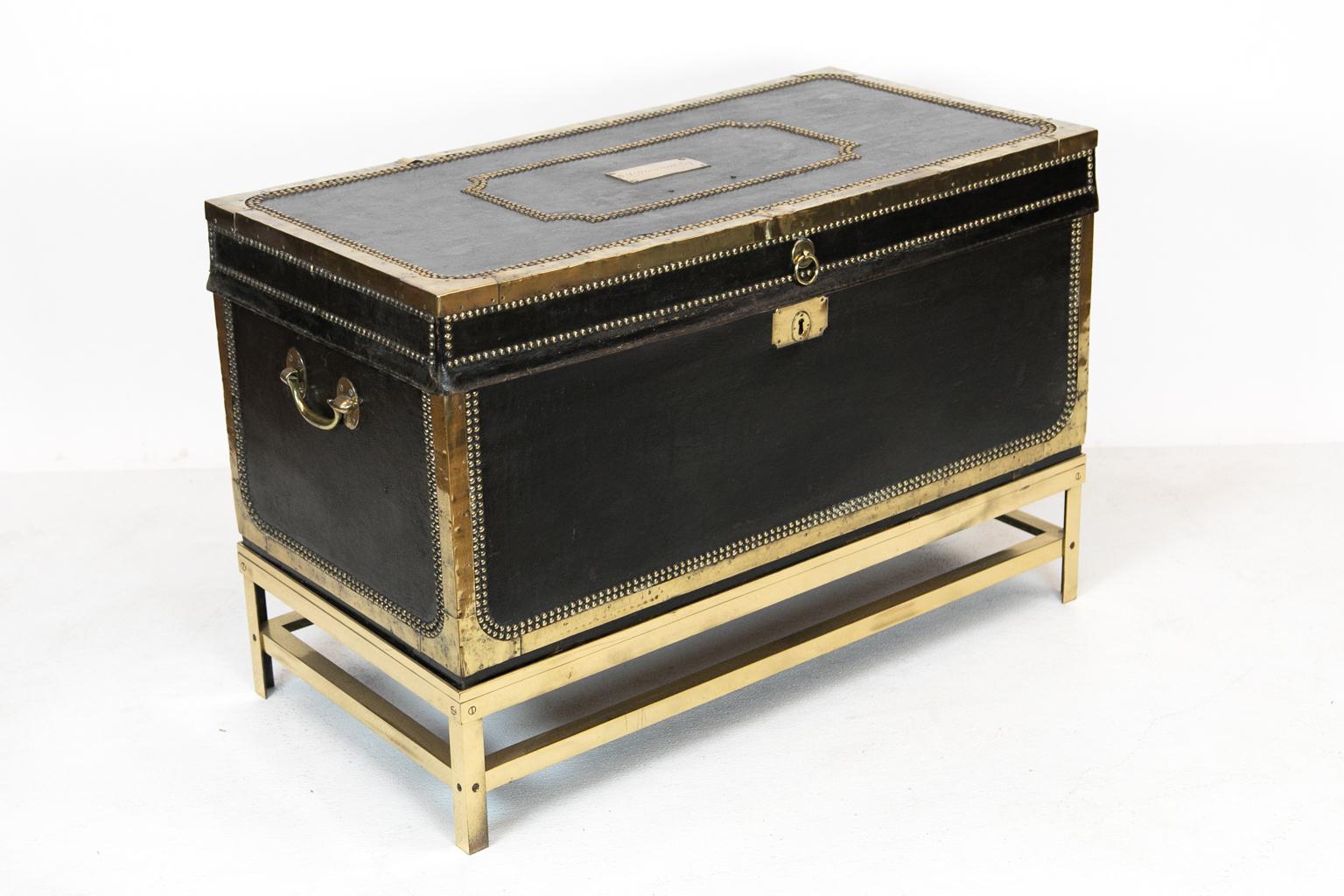 Brass Studded Leather Trunk on Stand 3
