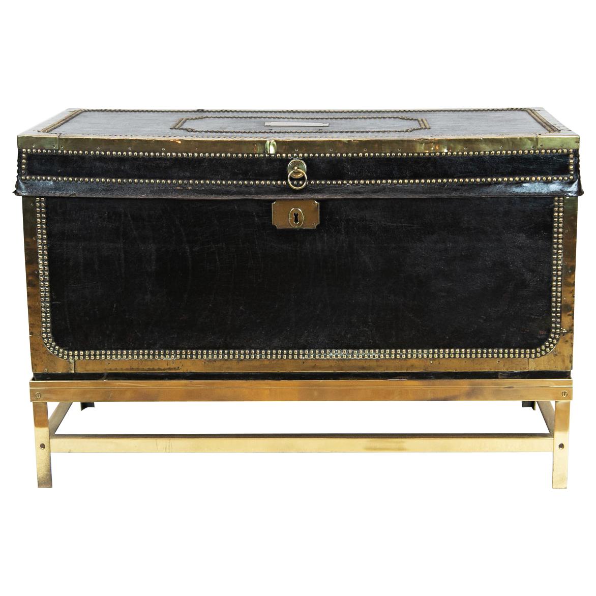 Brass Studded Leather Trunk on Stand