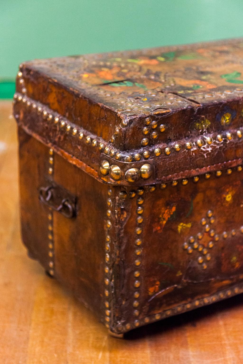 English Brass Studded Painted Leather Box
