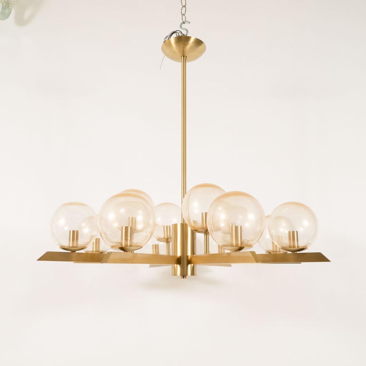 American Brass Sunburst Style Chandelier with Glass Globes For Sale