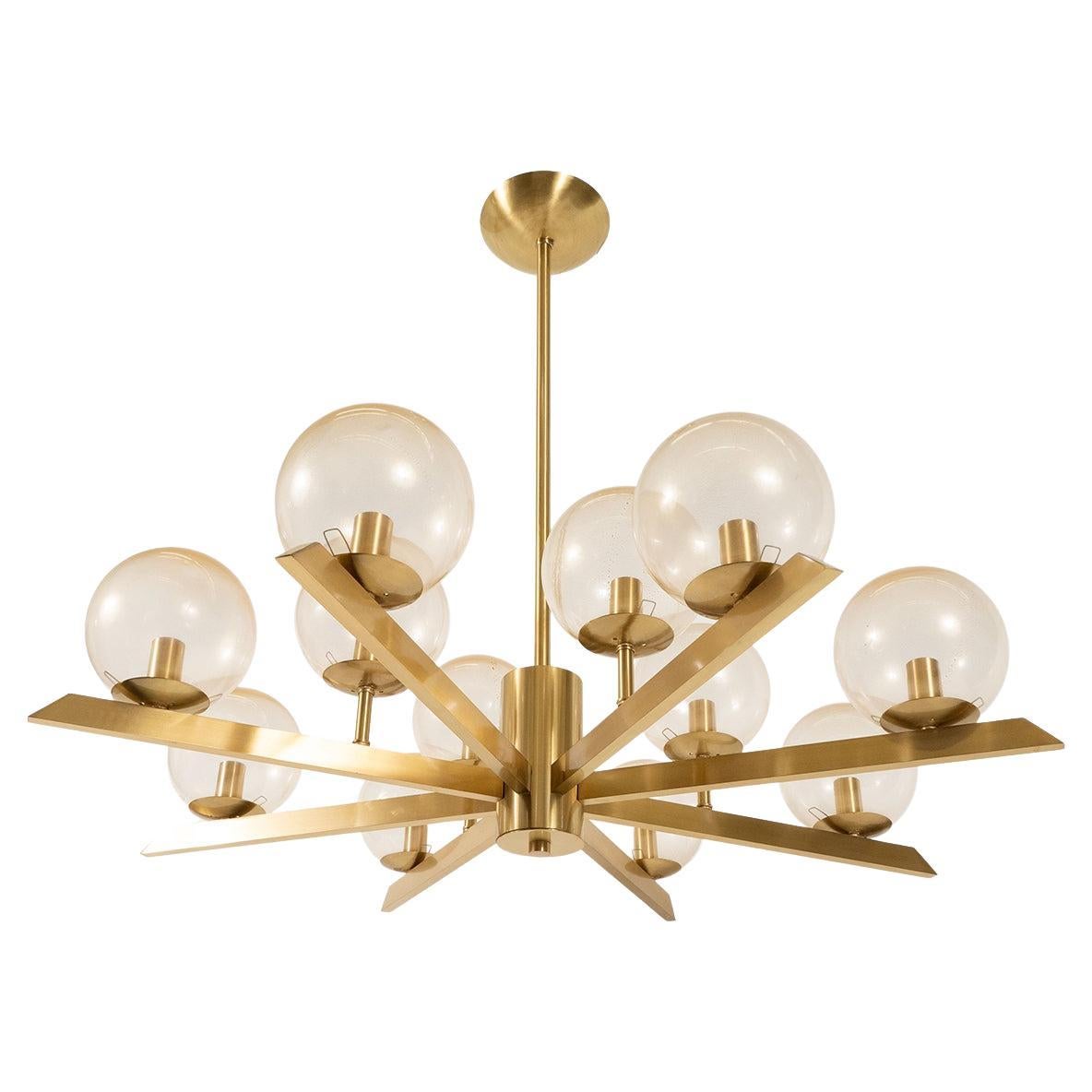 Brass Sunburst Style Chandelier with Glass Globes For Sale