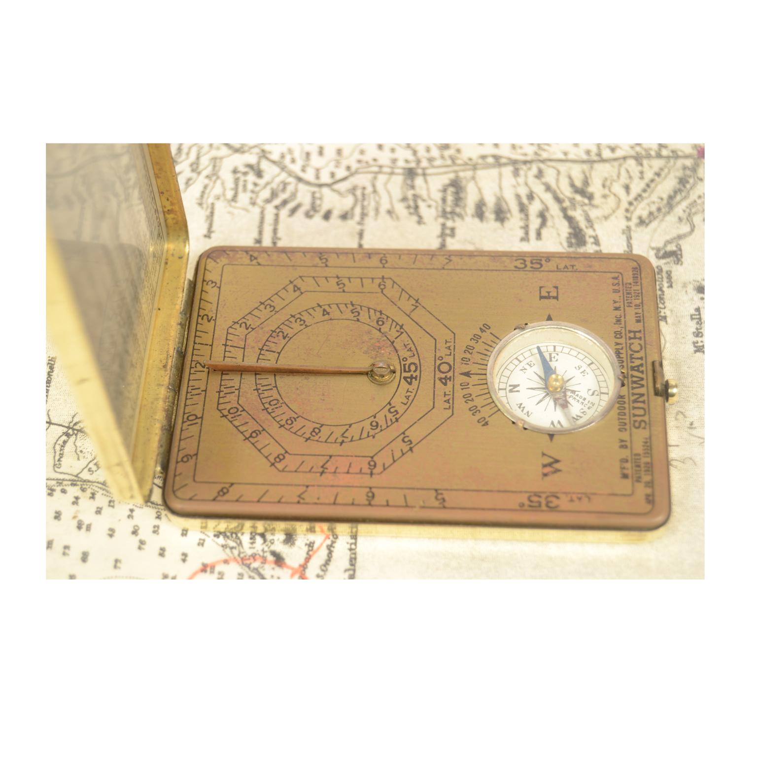 Early 20th Century 1921 Antique Brass Sundial Compass Signed  Outdoor Supply Co. Inc. N.Y. USA