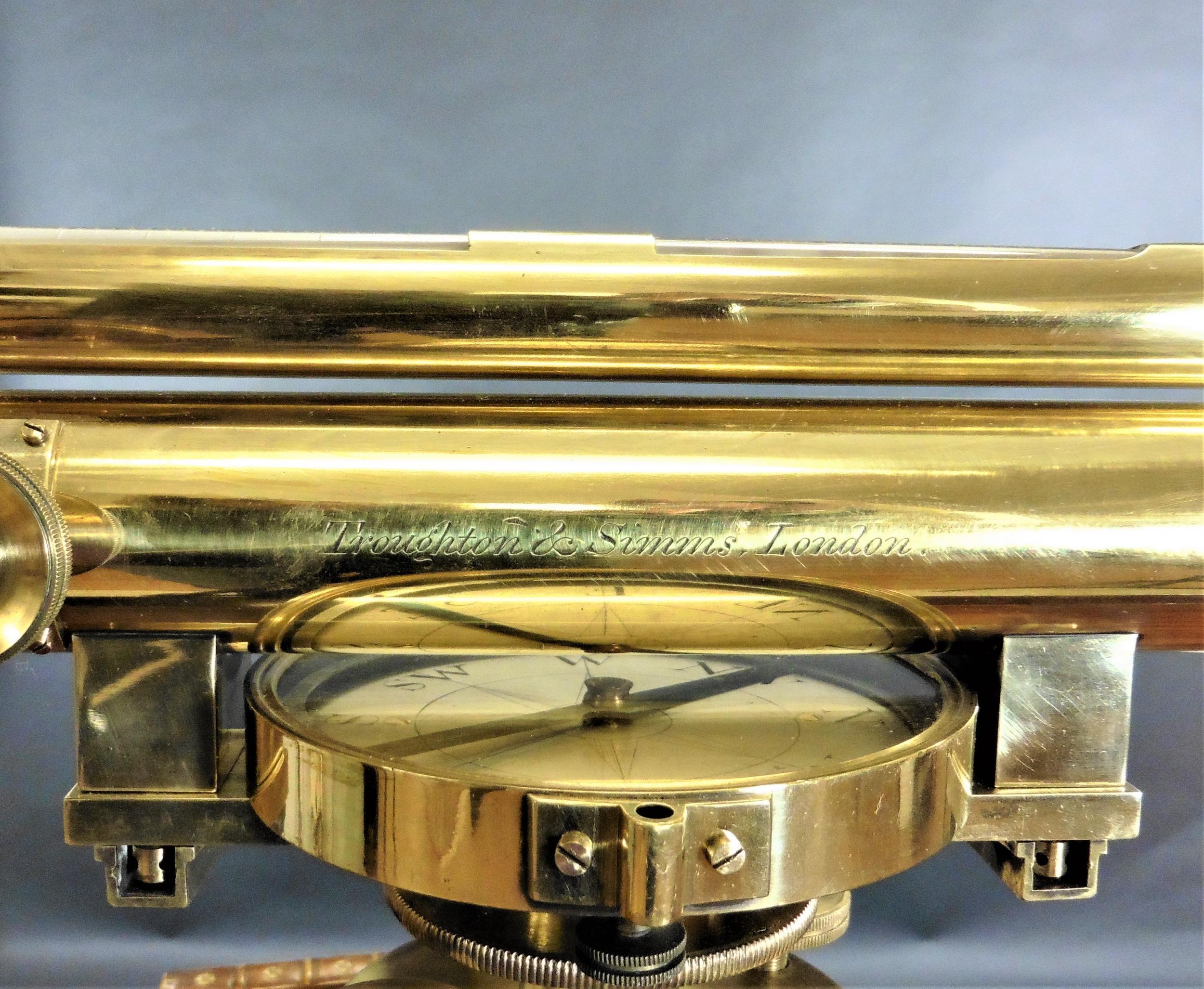 Brass Surveyors Level by Troughton & Simms, London

Sixteen inch extending telescope with original lacquer finish and spirit level.

The compass has a three inch silvered register plate, fine pivot and brass locking lever and is signed