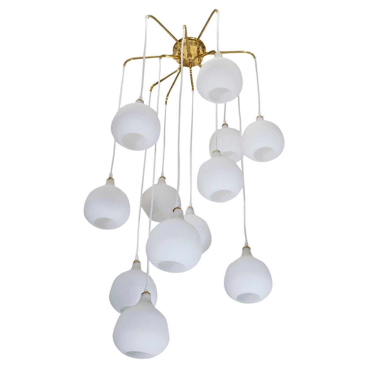 Brass suspended glass shade chandelier