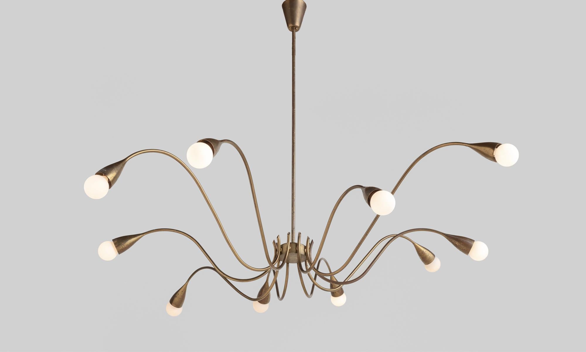 Brass Suspension Chandelier, Italy, circa 1950

Beautifully crafted brass chandelier with 10 curved arms.

Measures: 48