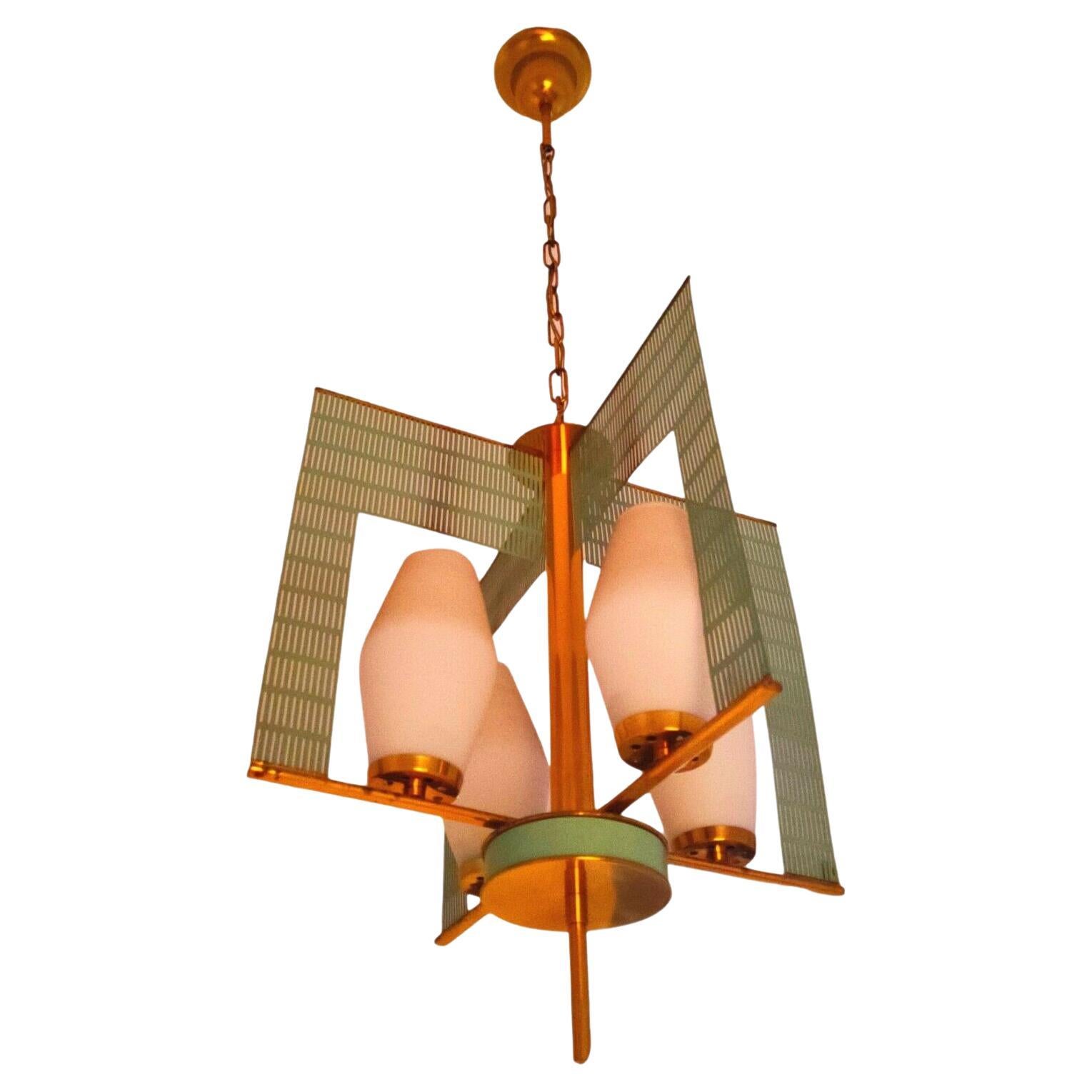 Brass Suspension Lamp 4 Lights Design Mathieu Mategot, 1960s