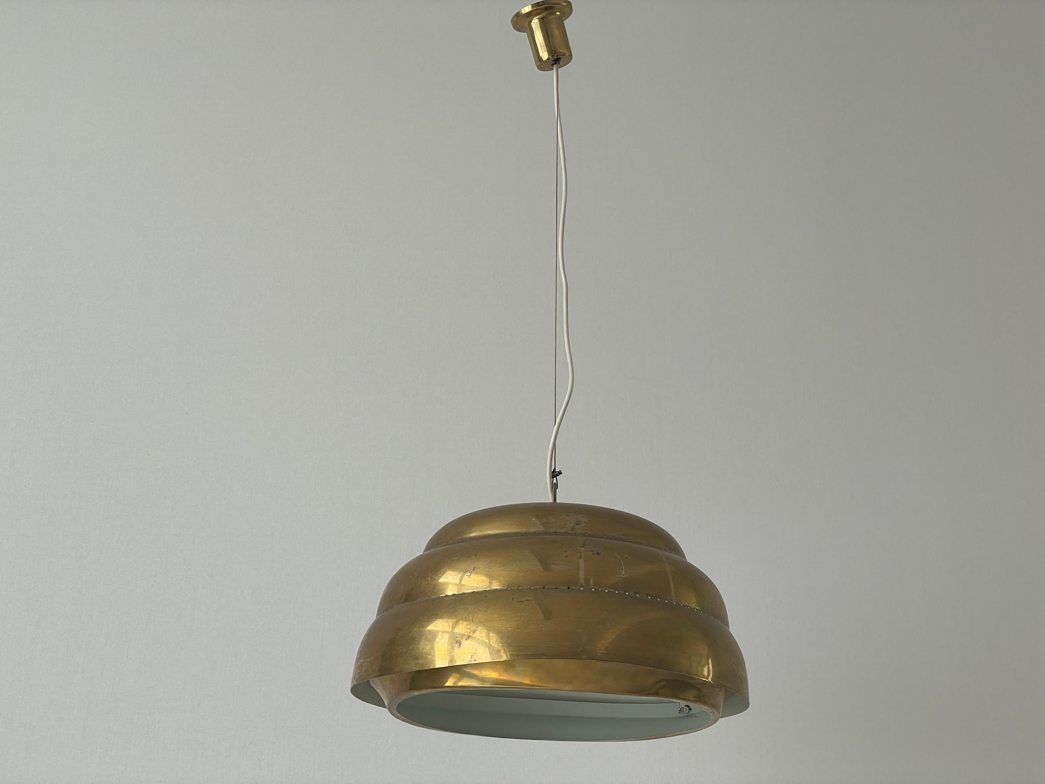 Brass Suspension Pendant Lamp In the Style of Paavo Tynell, 1960s, Finland

Unusual and rare design. 

Lampshade is in good condition and very clean.

This lamp works with E27 light bulb. Max 100W
Wired and suitable to use with 220V and 110V for all