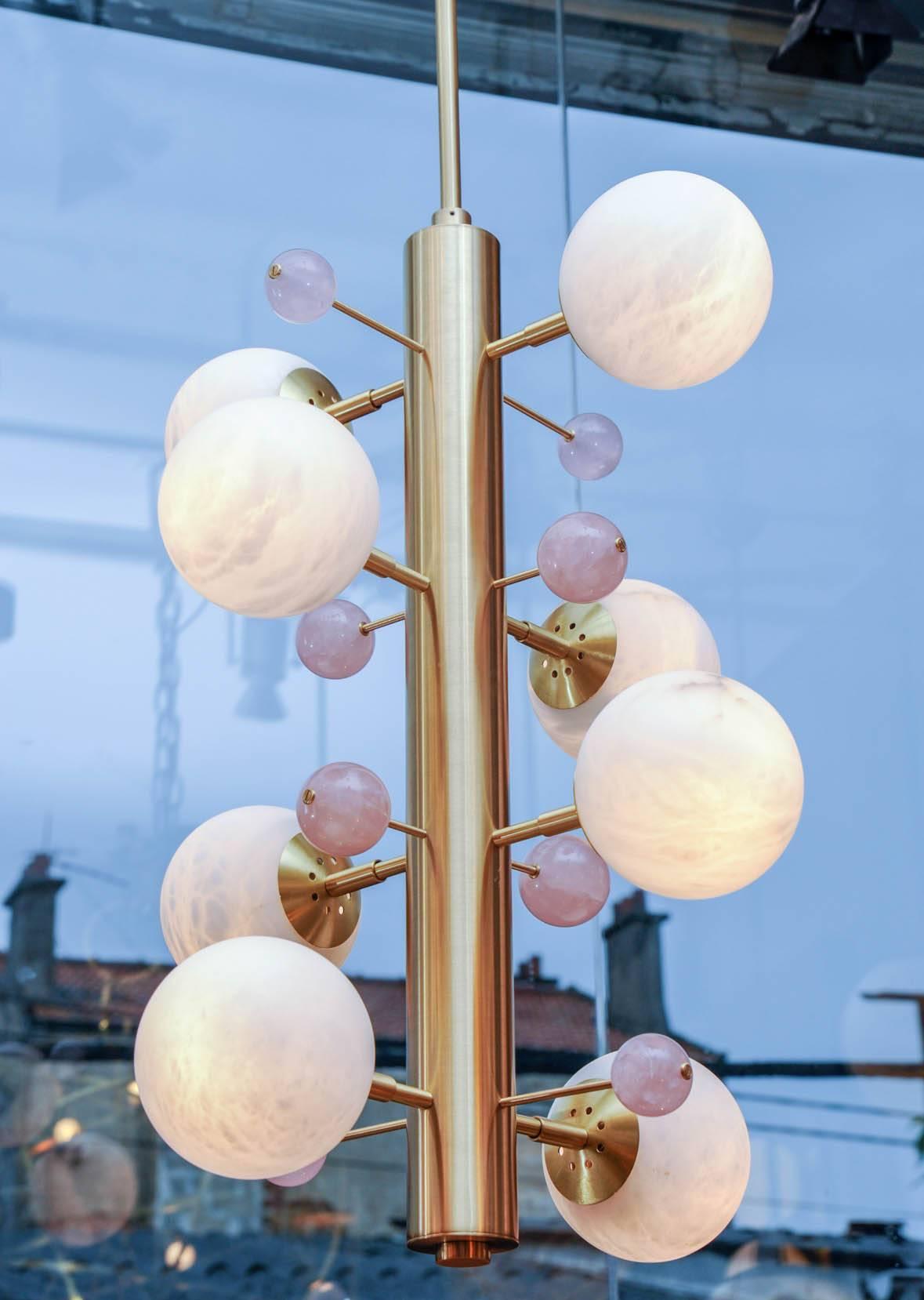 Italian Brass Suspension with Alabaster Globes and Quartz by Glustin Luminaires Creation For Sale