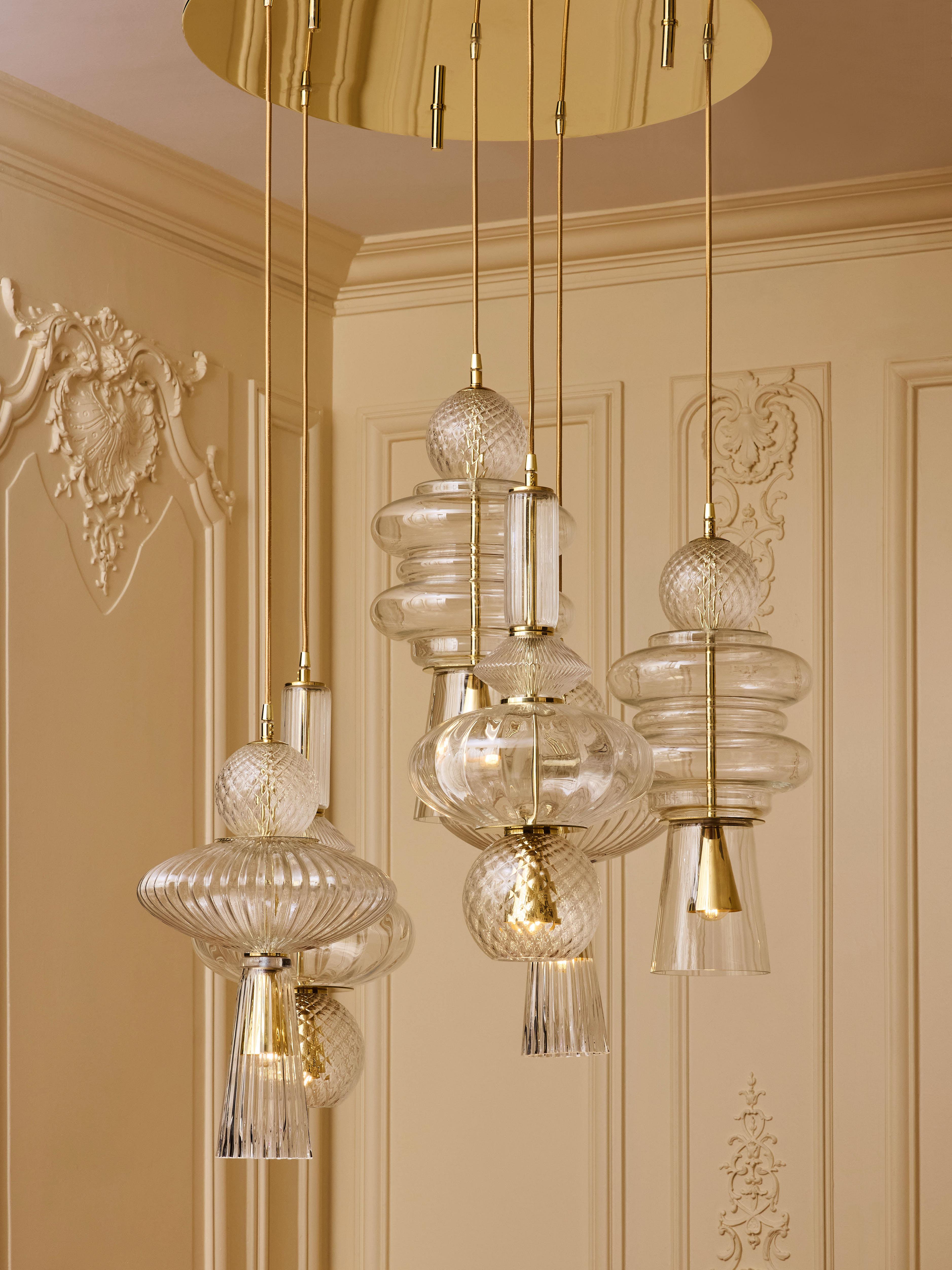 Mid-Century Modern Brass suspension with blown Murano glass by Studio Glustin For Sale