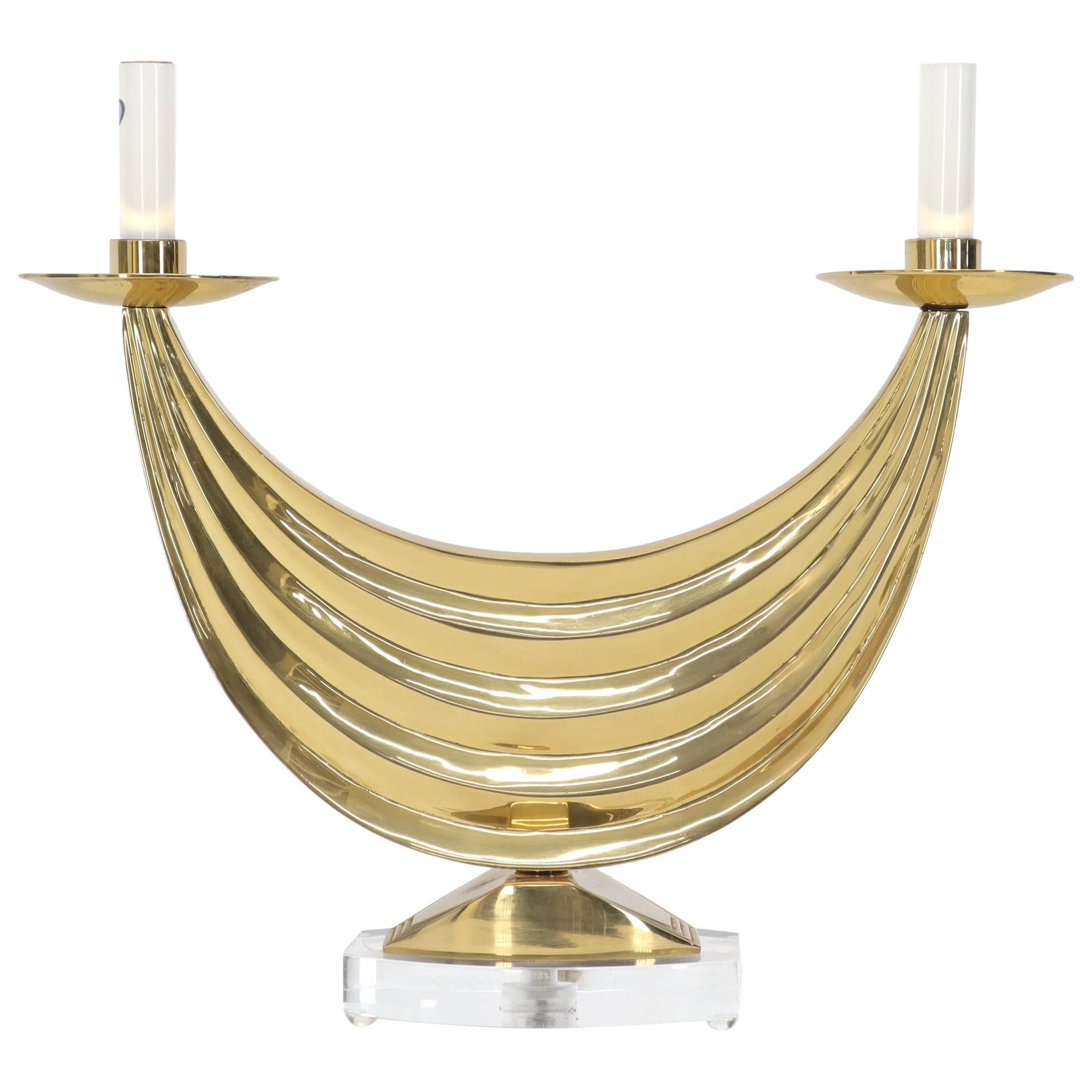 Brass Swag Shape Base Lucite Mount Table Hall Lamp For Sale