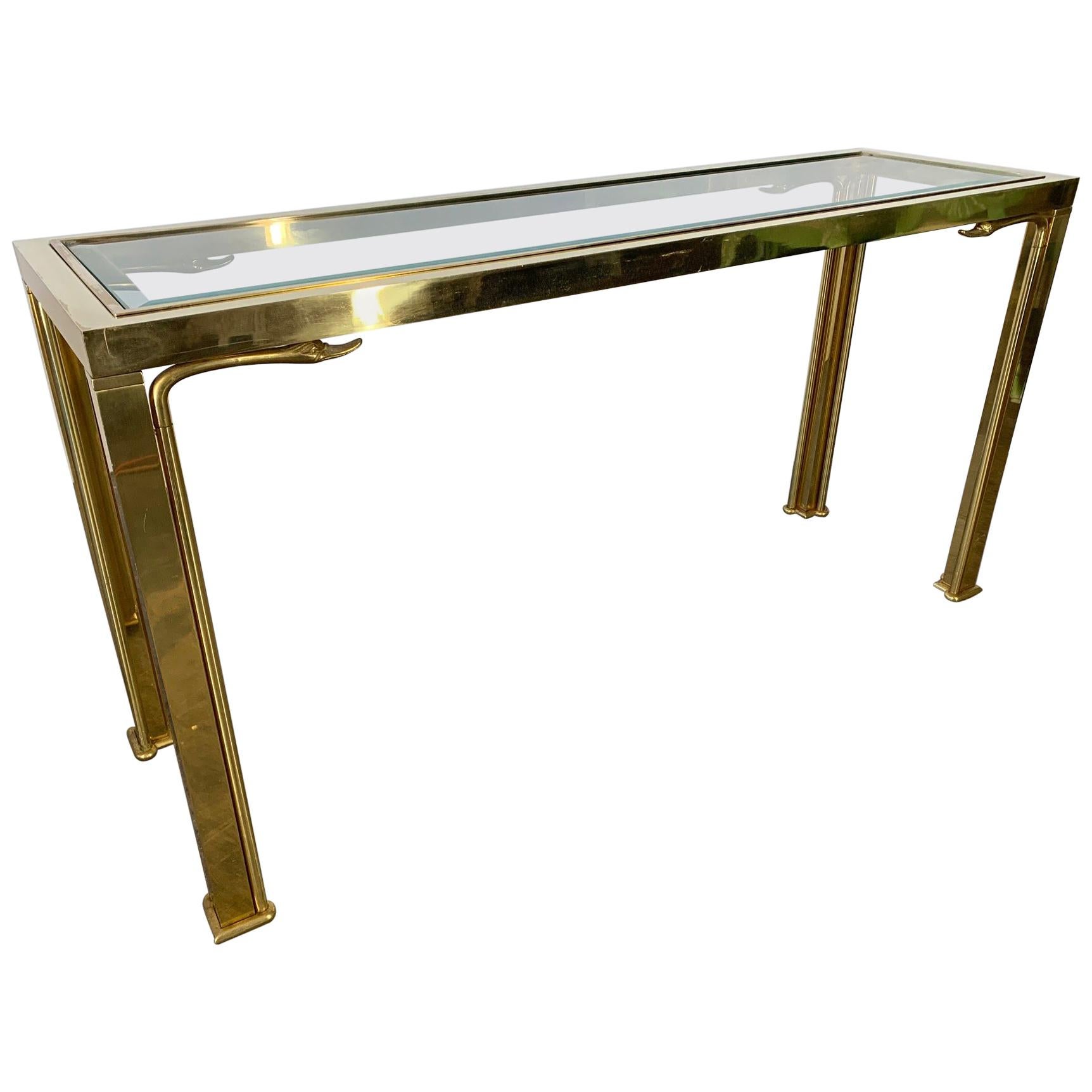 Brass Swan Head Console Table by Mastercraft For Sale