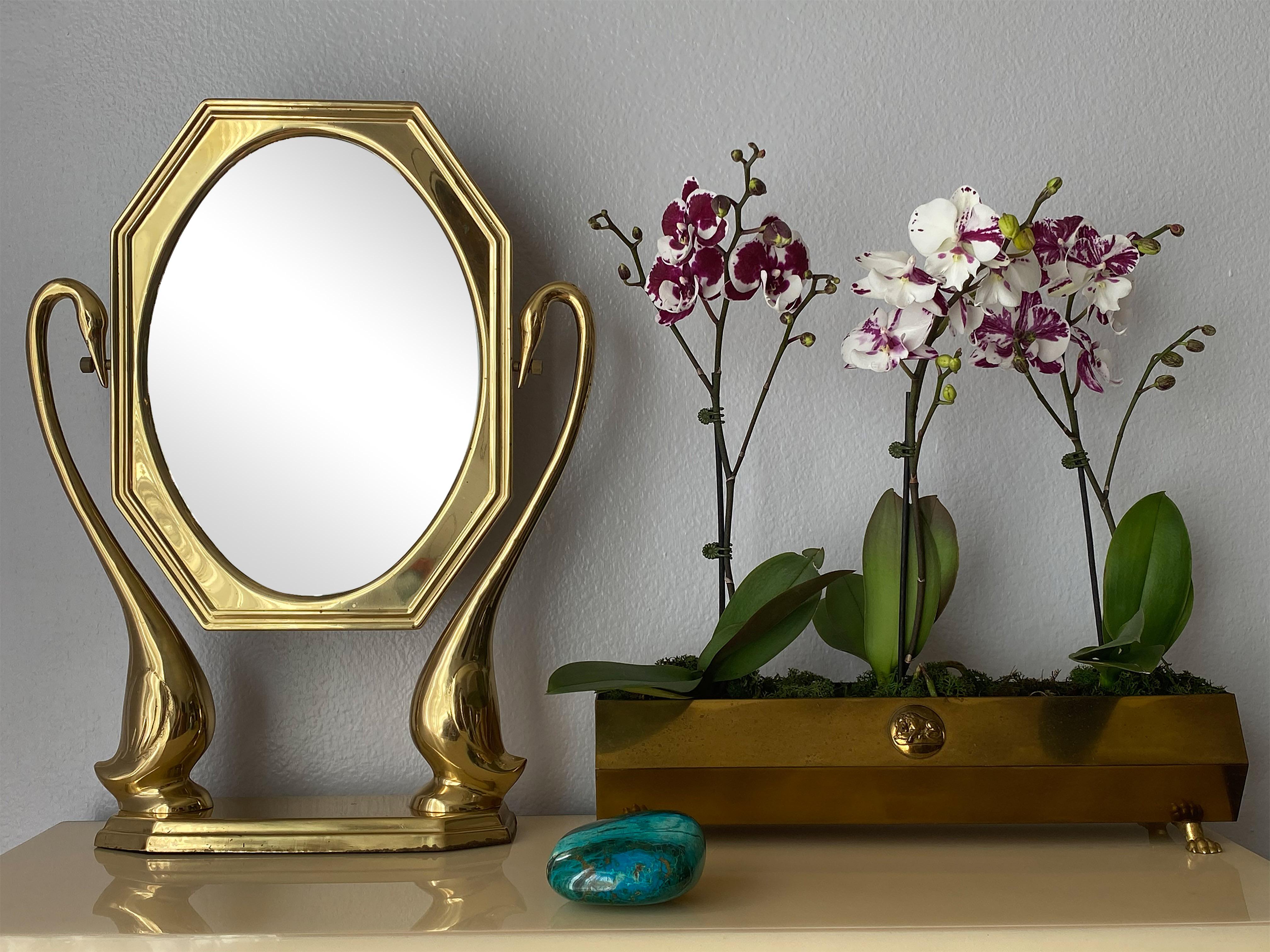 Brass Swan Motif Vanity Mirror In Good Condition In North Hollywood, CA