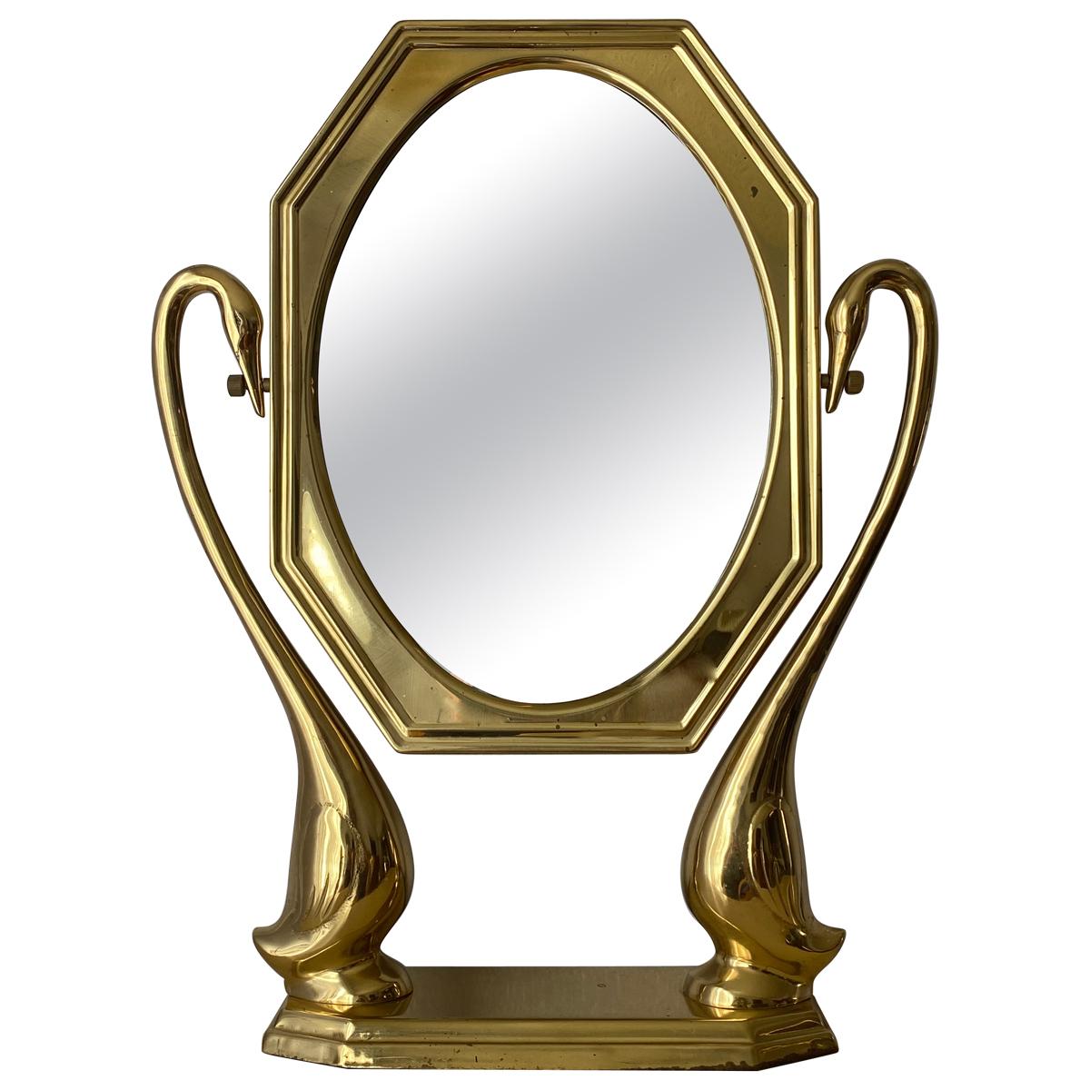 Brass Swan Motif Vanity Mirror