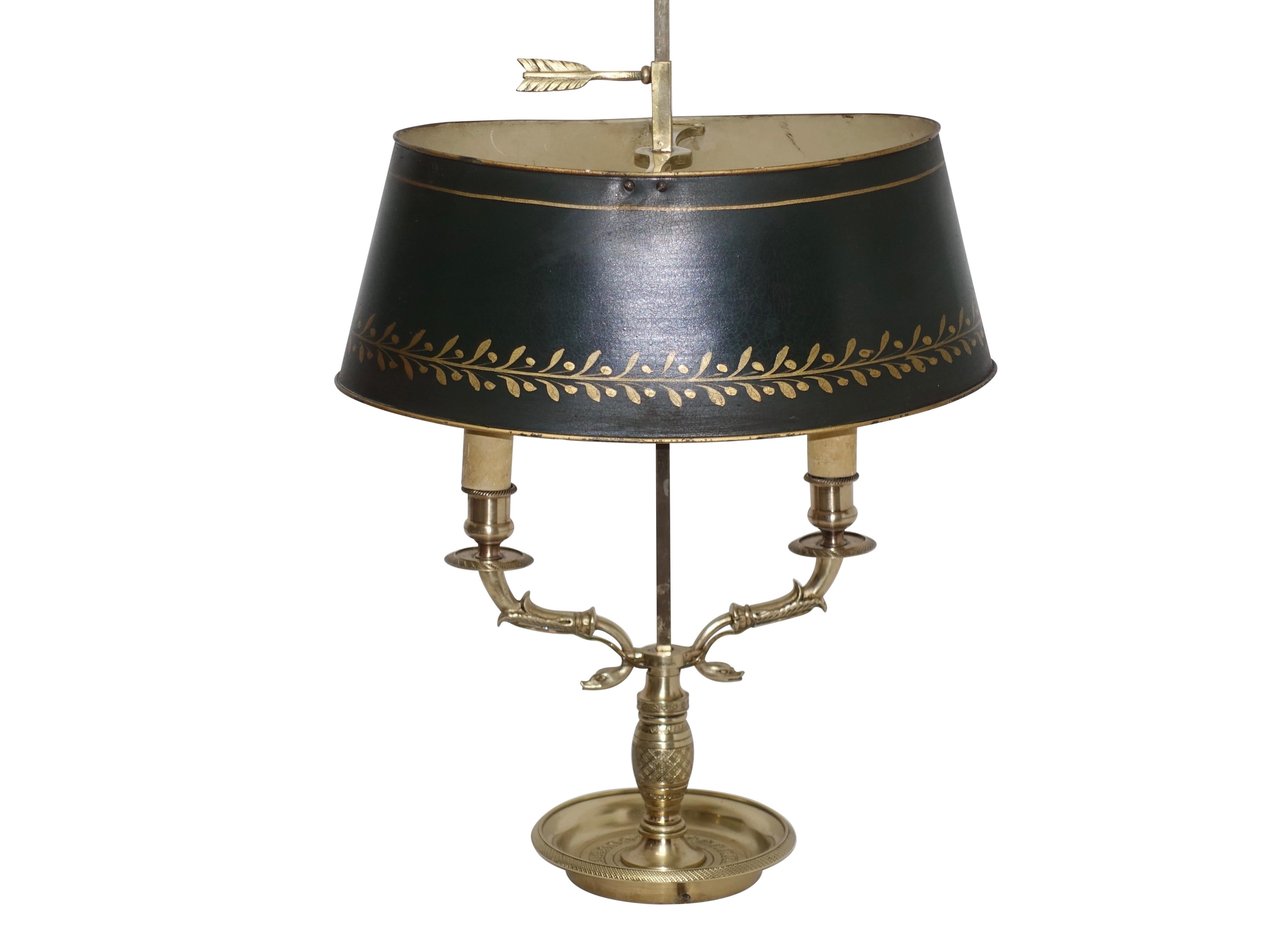 Gilt Brass Swan Neck Bouillotte Lamp with Tole Shade, French, 19th Century