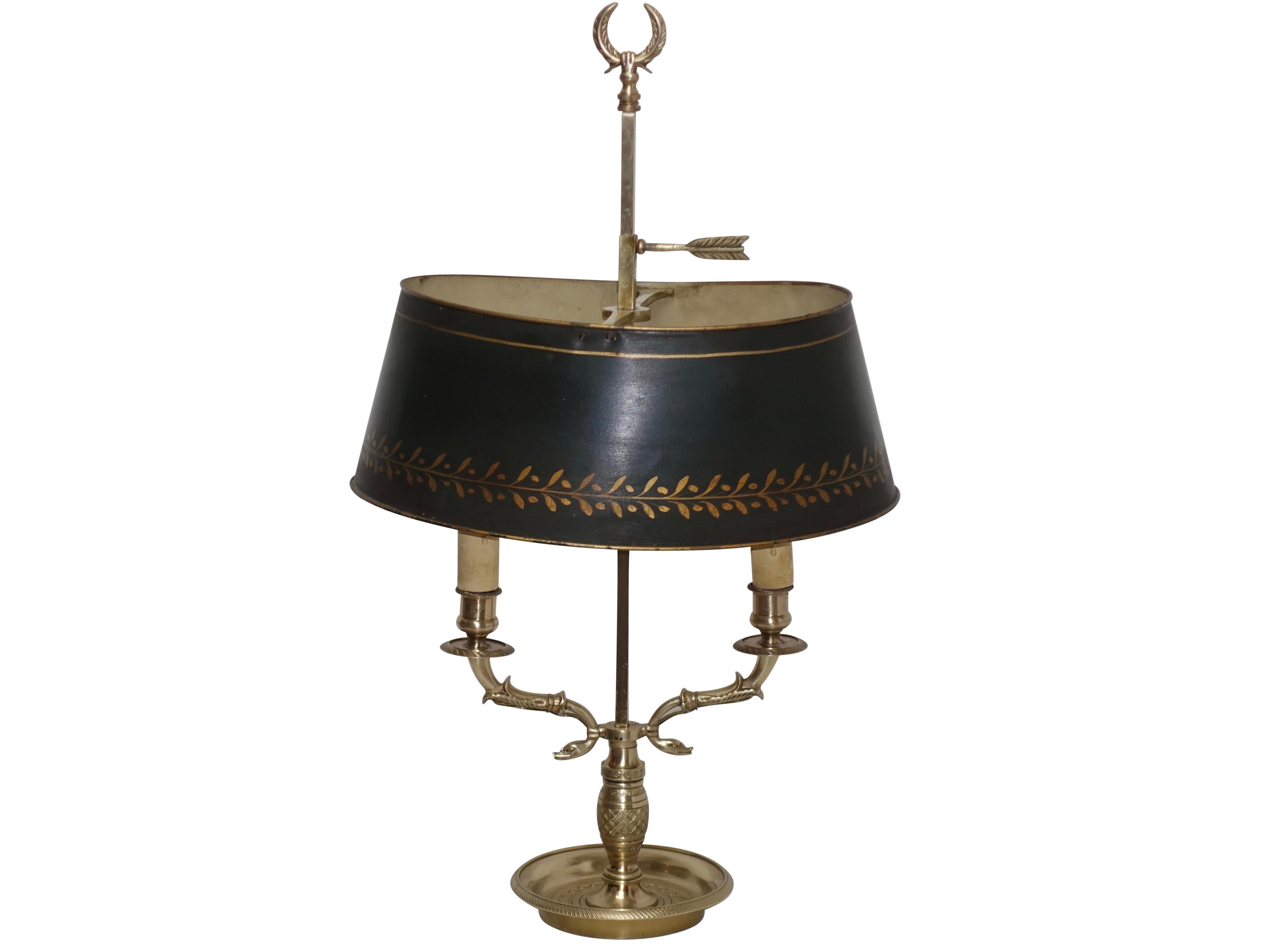 Brass Swan Neck Bouillotte Lamp with Tole Shade, French, 19th Century 2