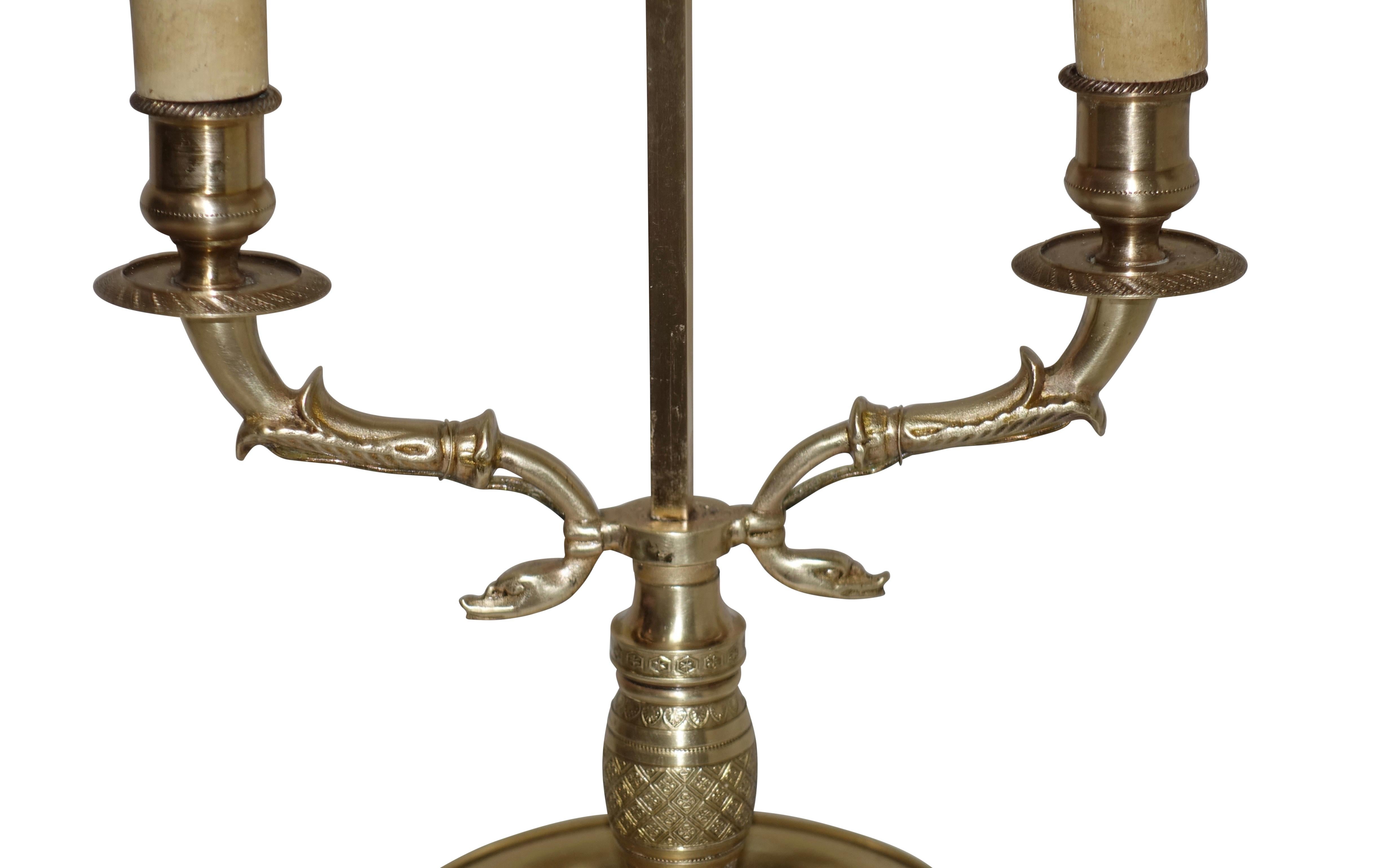 Brass Swan Neck Bouillotte Lamp with Tole Shade, French, 19th Century 3