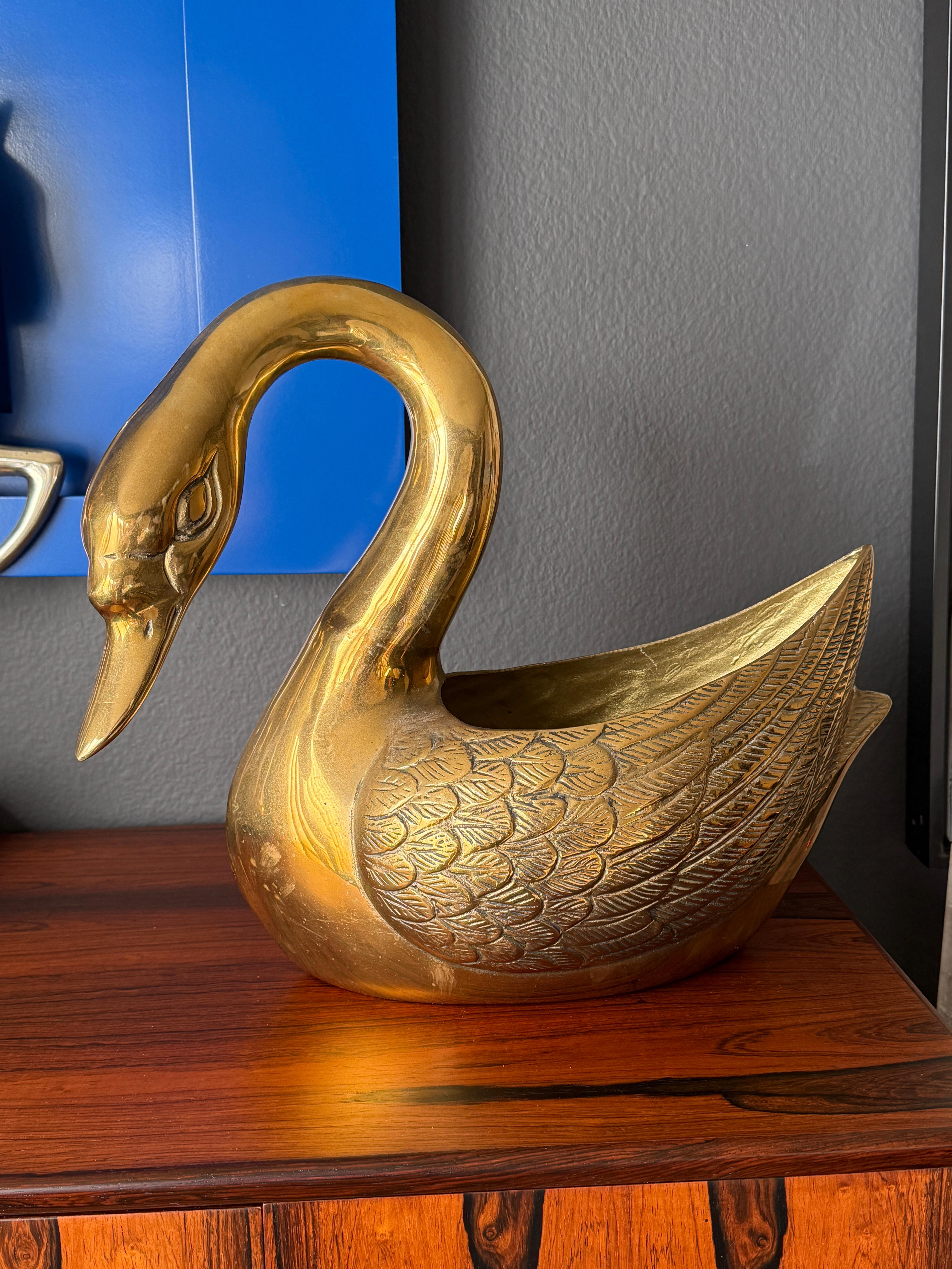 Hollywood Regency brass graceful swan planter