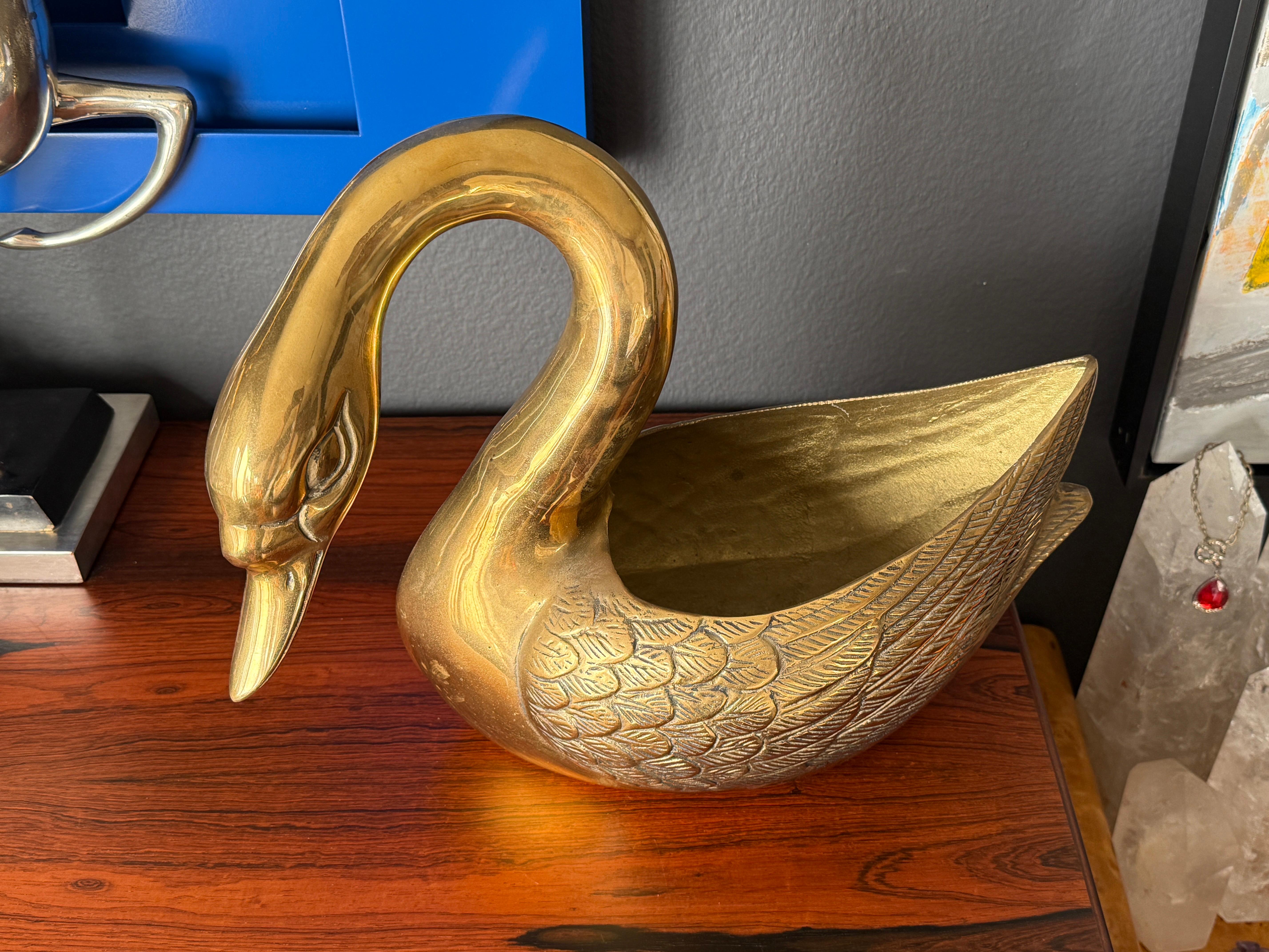 Hollywood Regency Brass Swan Planter For Sale