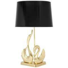 Brass Swan Table Lamp, circa 1950, Polished Brass