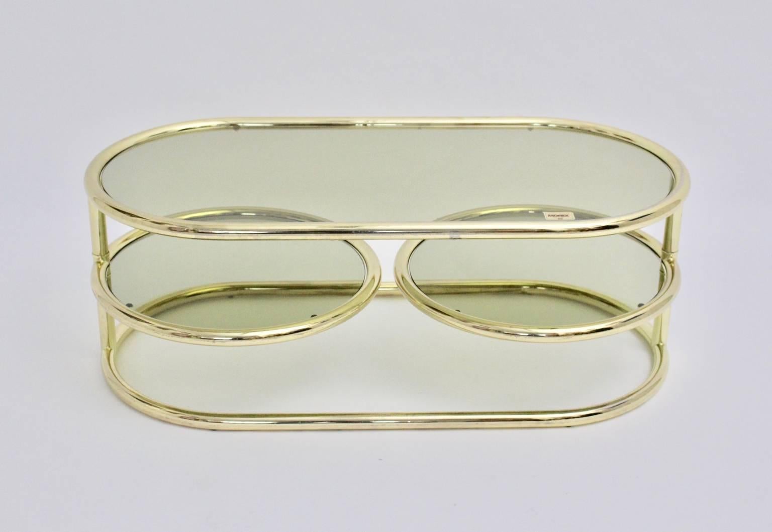 Mid-Century Modern Brass Swiveling Vintage Coffee Table Green Smoked Glass Plates by Morex 1970s