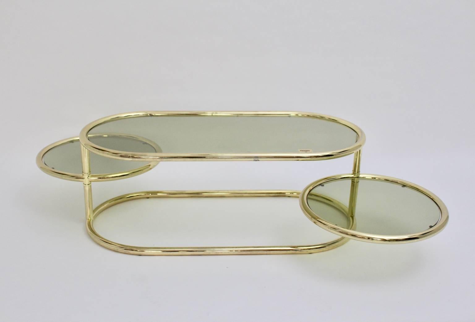 Metal Brass Swiveling Vintage Coffee Table Green Smoked Glass Plates by Morex 1970s