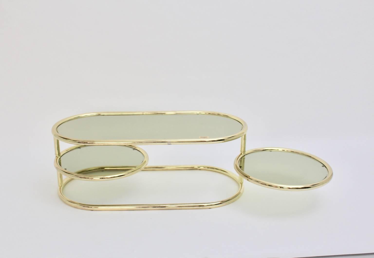 Brass Swiveling Vintage Coffee Table Green Smoked Glass Plates by Morex 1970s 1