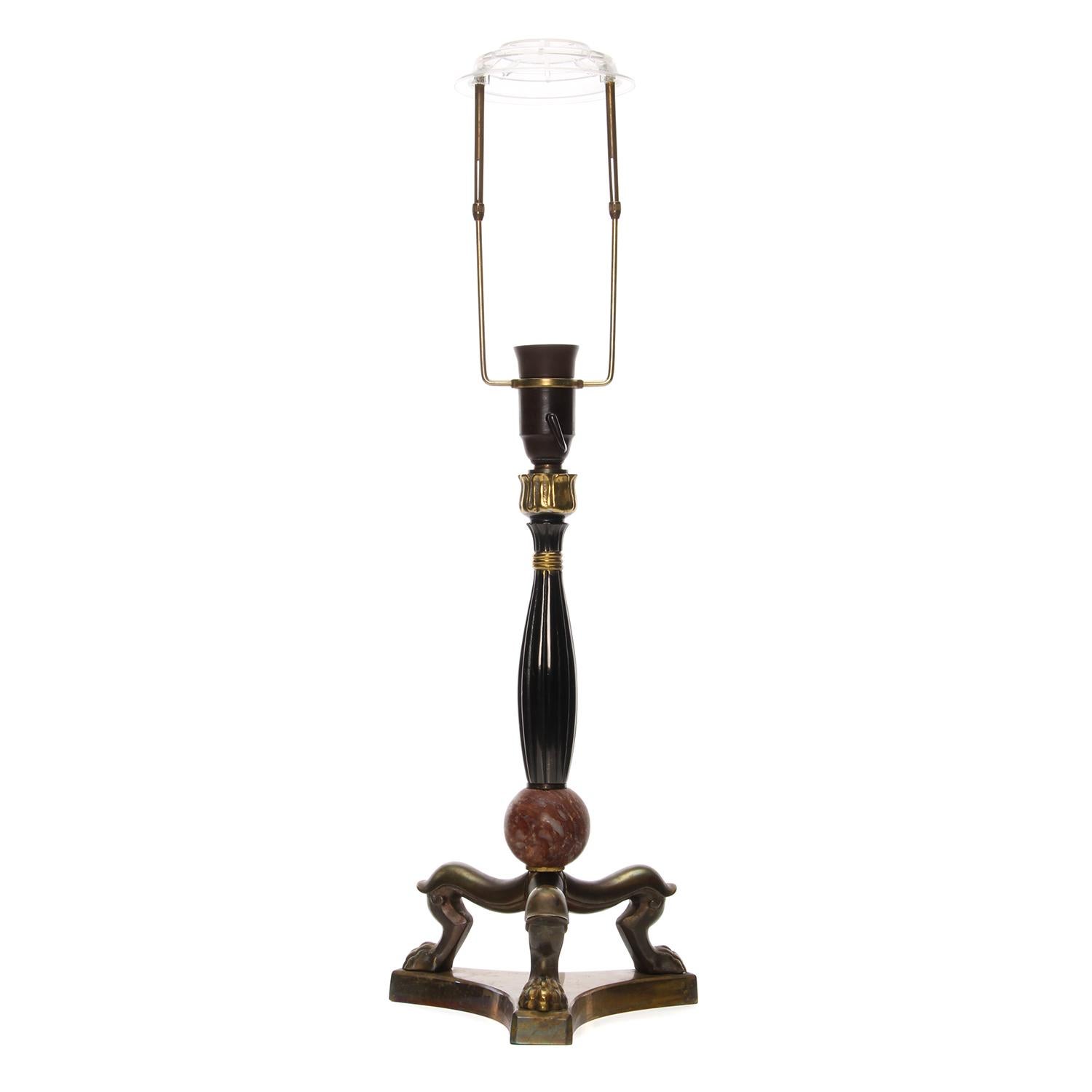 Mid-20th Century Brass Table Lamp 1940s Empire Style Brass Table Light with Lion-Claw Feet