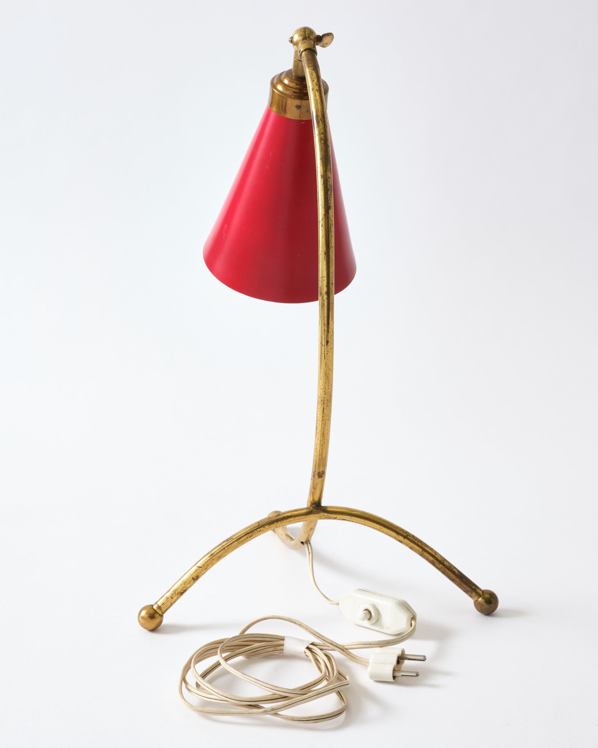 Brass Table Lamp, Italy, Curved Brass Base with Red Metal Shade, C 1950 For Sale 4
