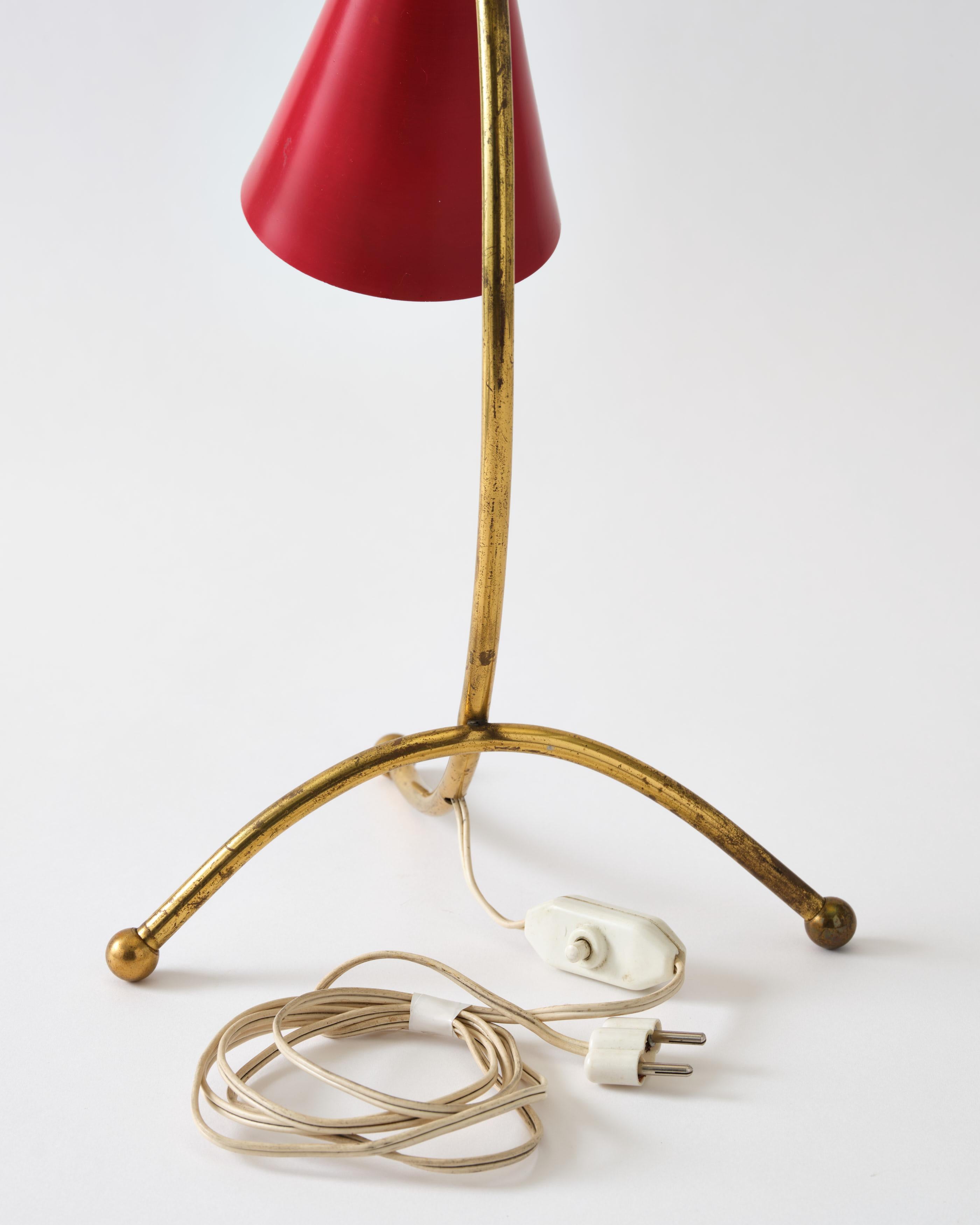 Brass Table Lamp, Italy, Curved Brass Base with Red Metal Shade, C 1950 For Sale 6