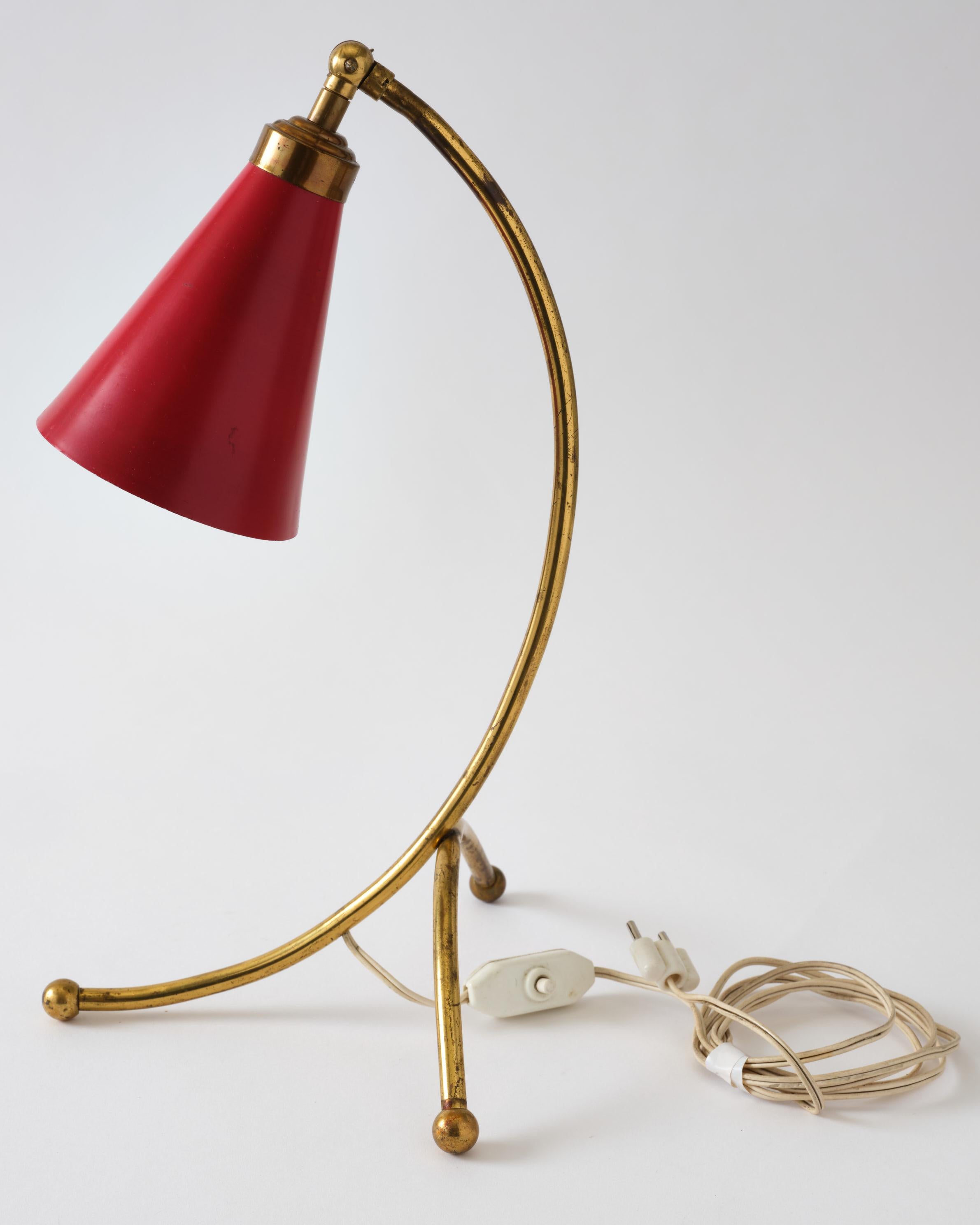 Brass Table Lamp, Italy, Curved Brass Base with Red Metal Shade, C 1950 For Sale 8