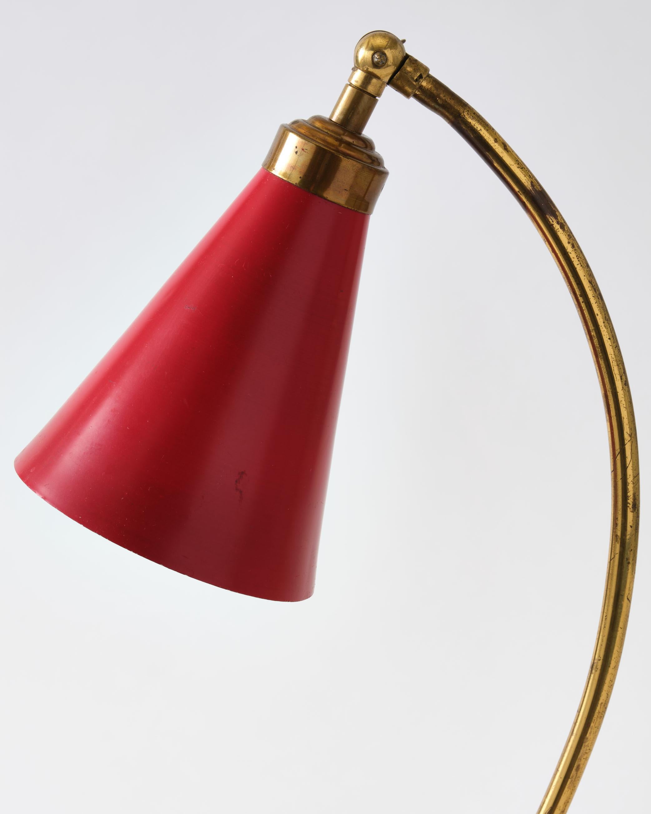 Brass Table Lamp, Italy, Curved Brass Base with Red Metal Shade, C 1950 For Sale 9