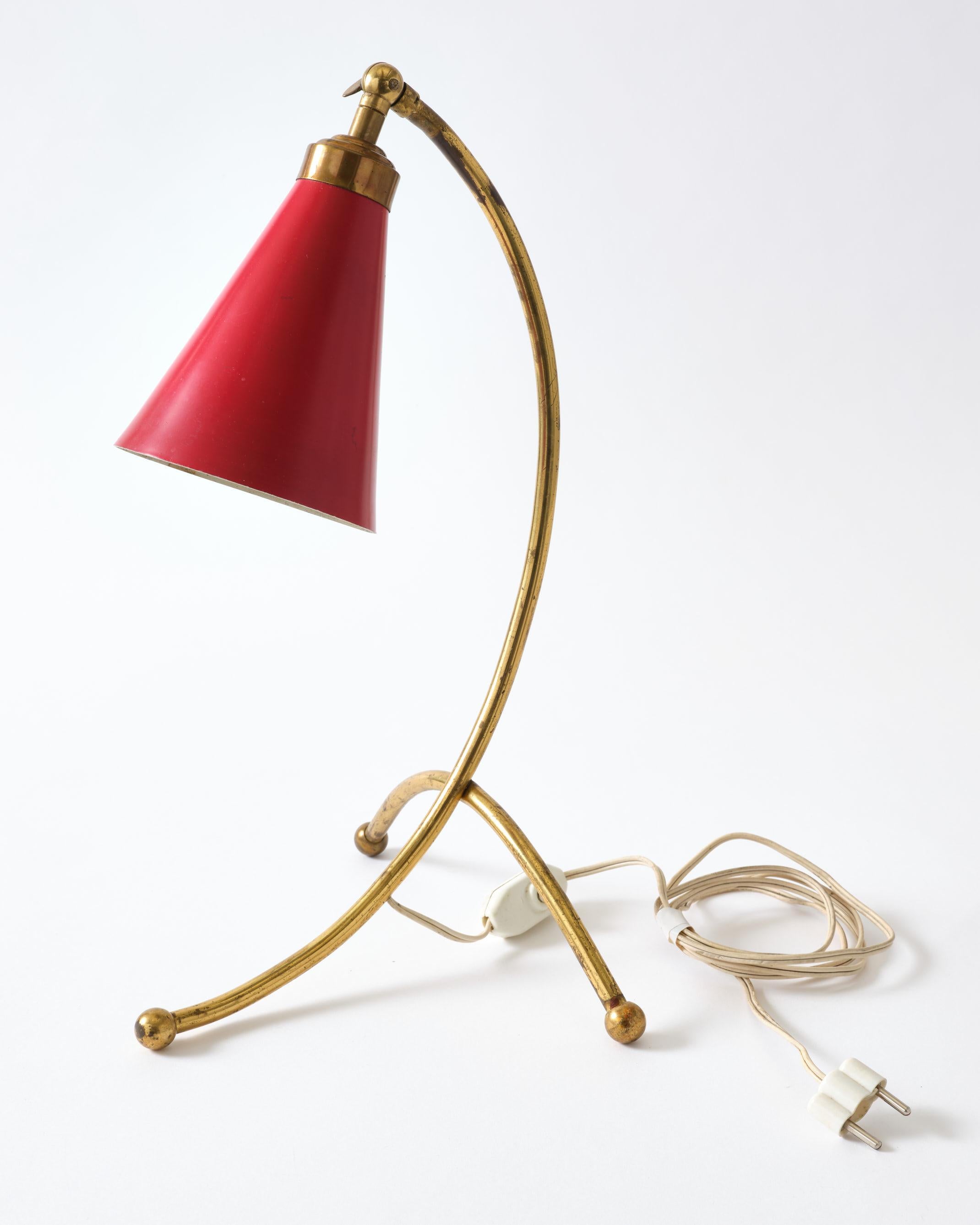 Italian Brass Table Lamp, Italy, Curved Brass Base with Red Metal Shade, C 1950 For Sale