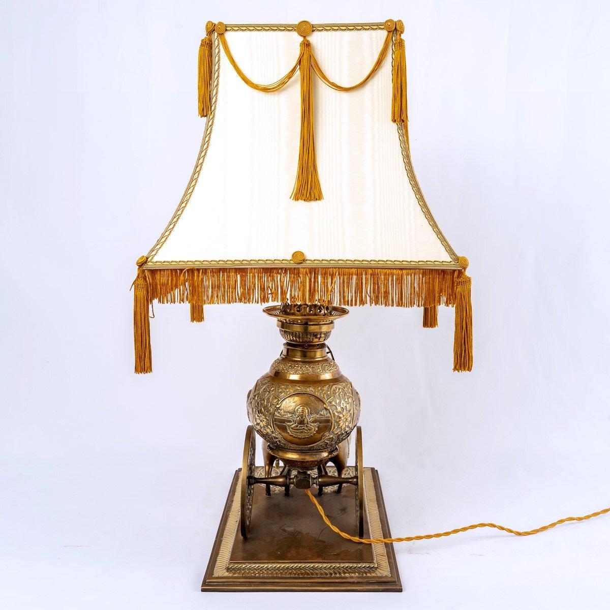 Brass Table Lamp - Lampshade - Silk Gold Thread - Shiva - Period: 20th Century For Sale 2