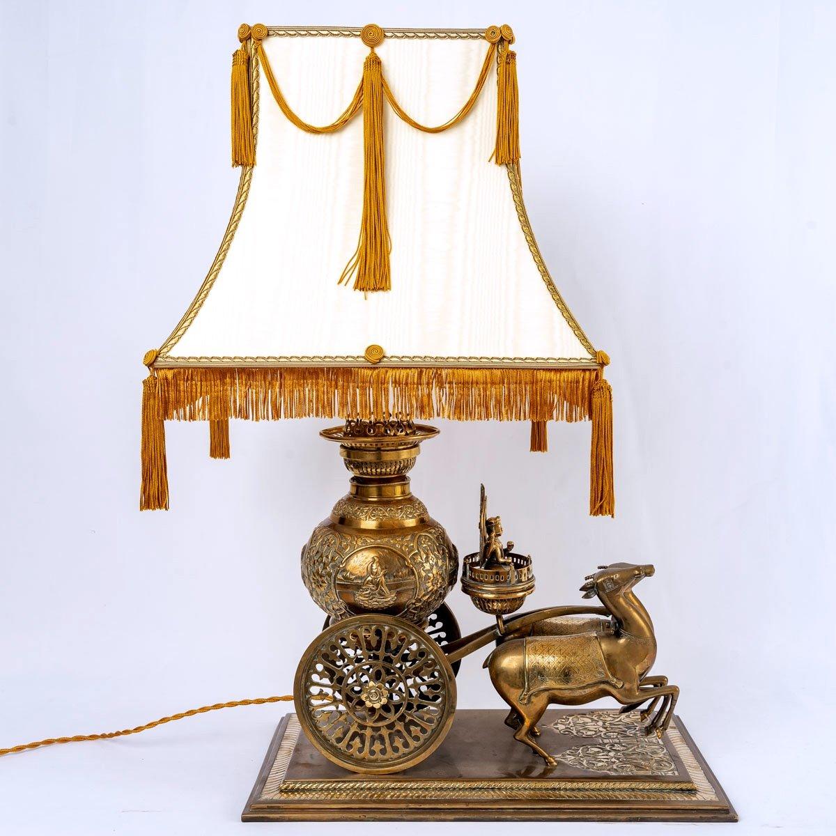 Brass Table Lamp - Lampshade - Silk Gold Thread - Shiva - Period: 20th Century For Sale 3