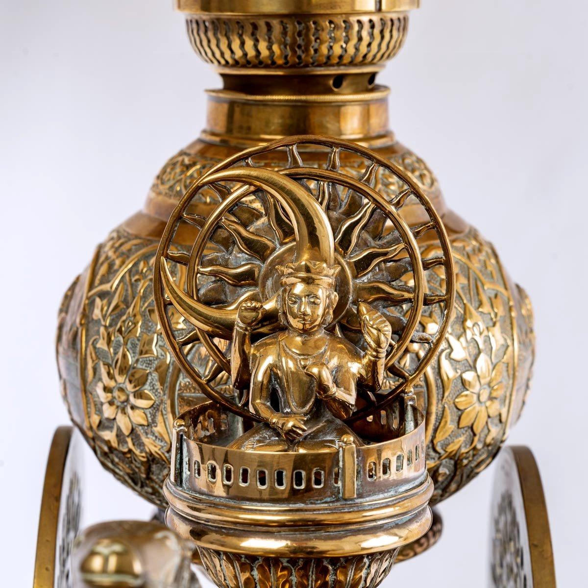 Brass Table Lamp - Lampshade - Silk Gold Thread - Shiva - Period: 20th Century For Sale 4