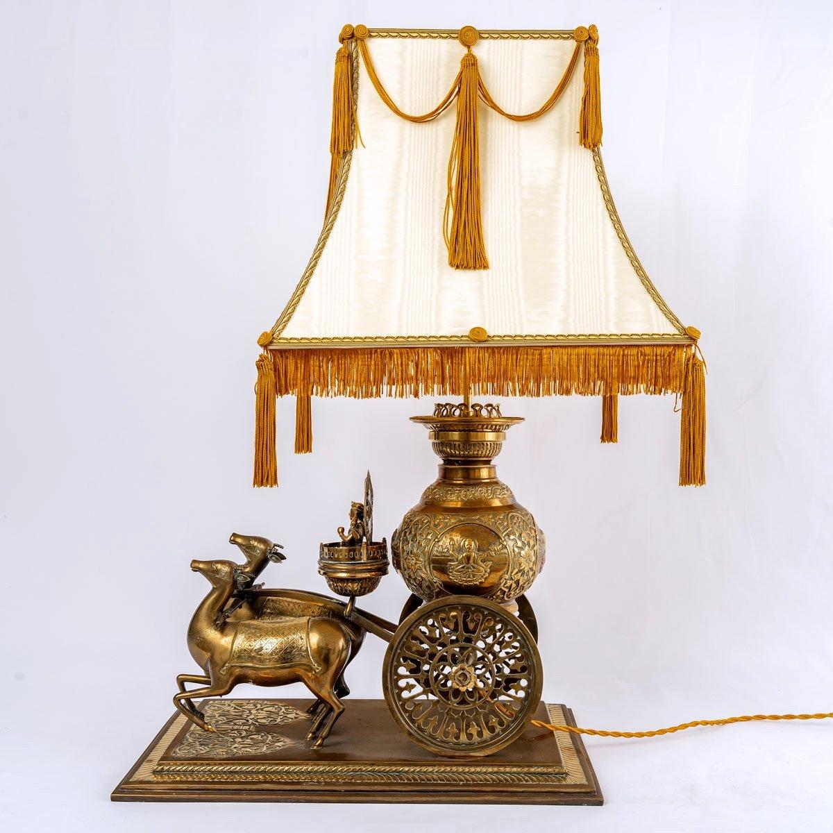 Brass Table Lamp - Lampshade - Silk Gold Thread - Shiva - Period: 20th Century For Sale 5