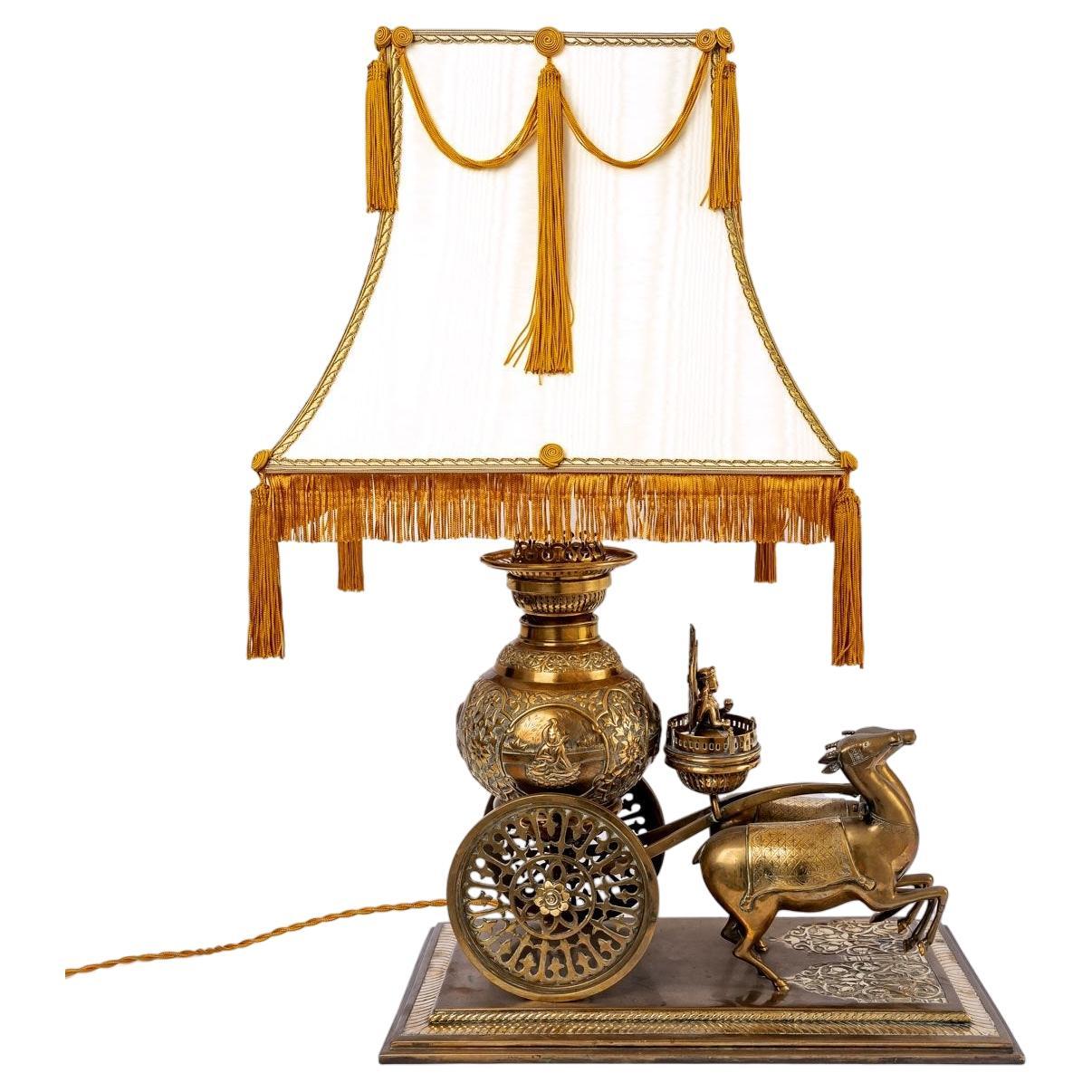 Brass Table Lamp - Lampshade - Silk Gold Thread - Shiva - Period: 20th Century