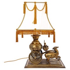 Brass Table Lamp - Lampshade - Silk Gold Thread - Shiva - Period: 20th Century