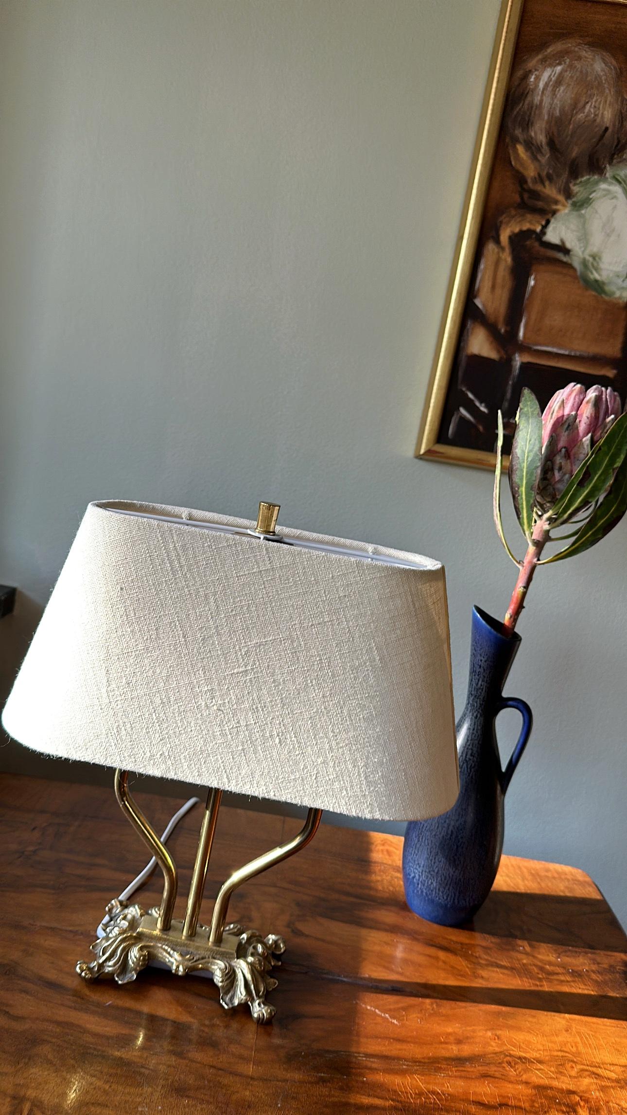 Swedish Brass Table Lamp Rococo style with Double arms. 1940's. For Sale