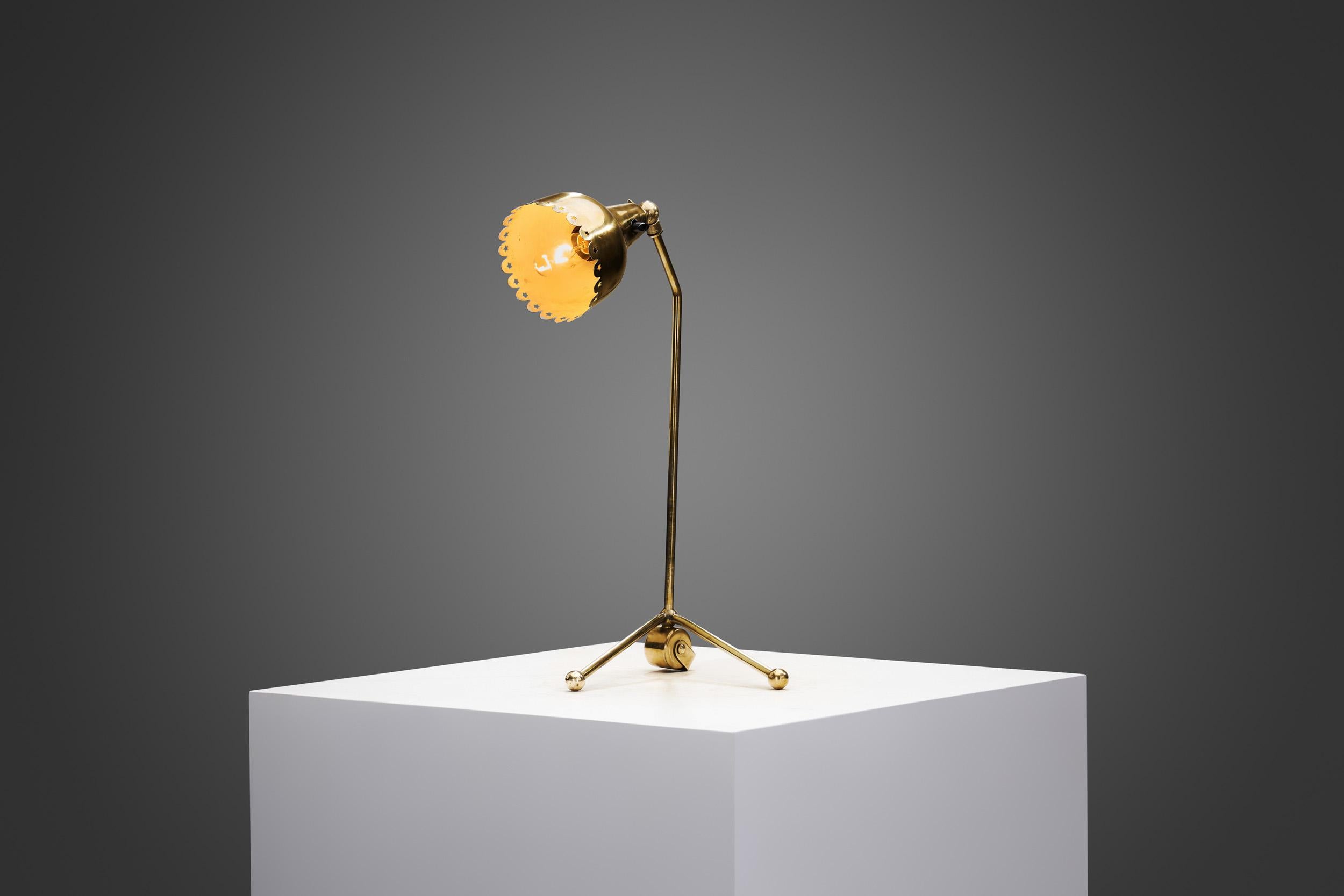 Mid-20th Century Brass Table Lamp with Adjustable, Perforated Shade and Base, Europe ca 1950s For Sale