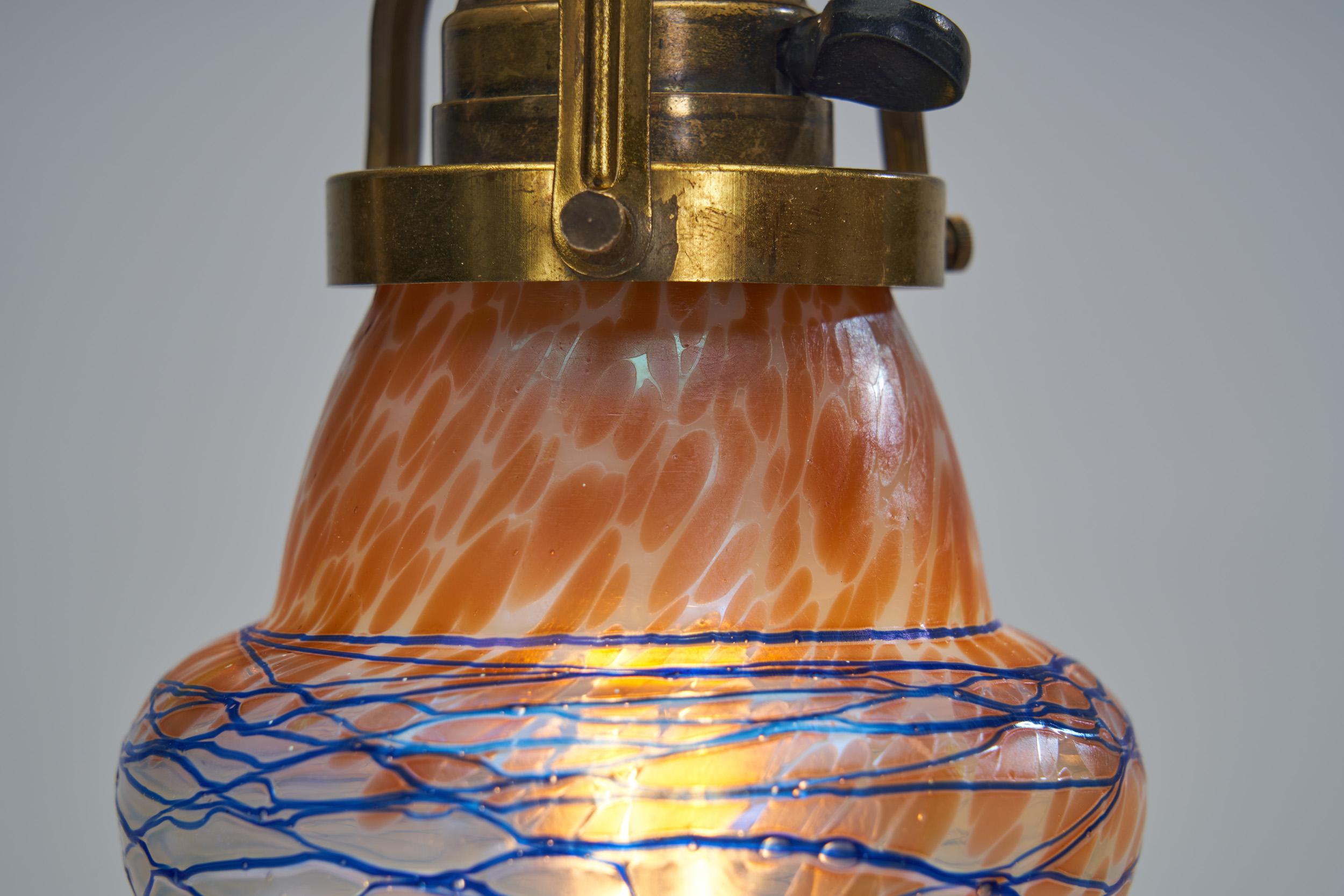 Brass Table Lamp with Iridescent Glass Shade, Europe, Early 20th Century For Sale 8