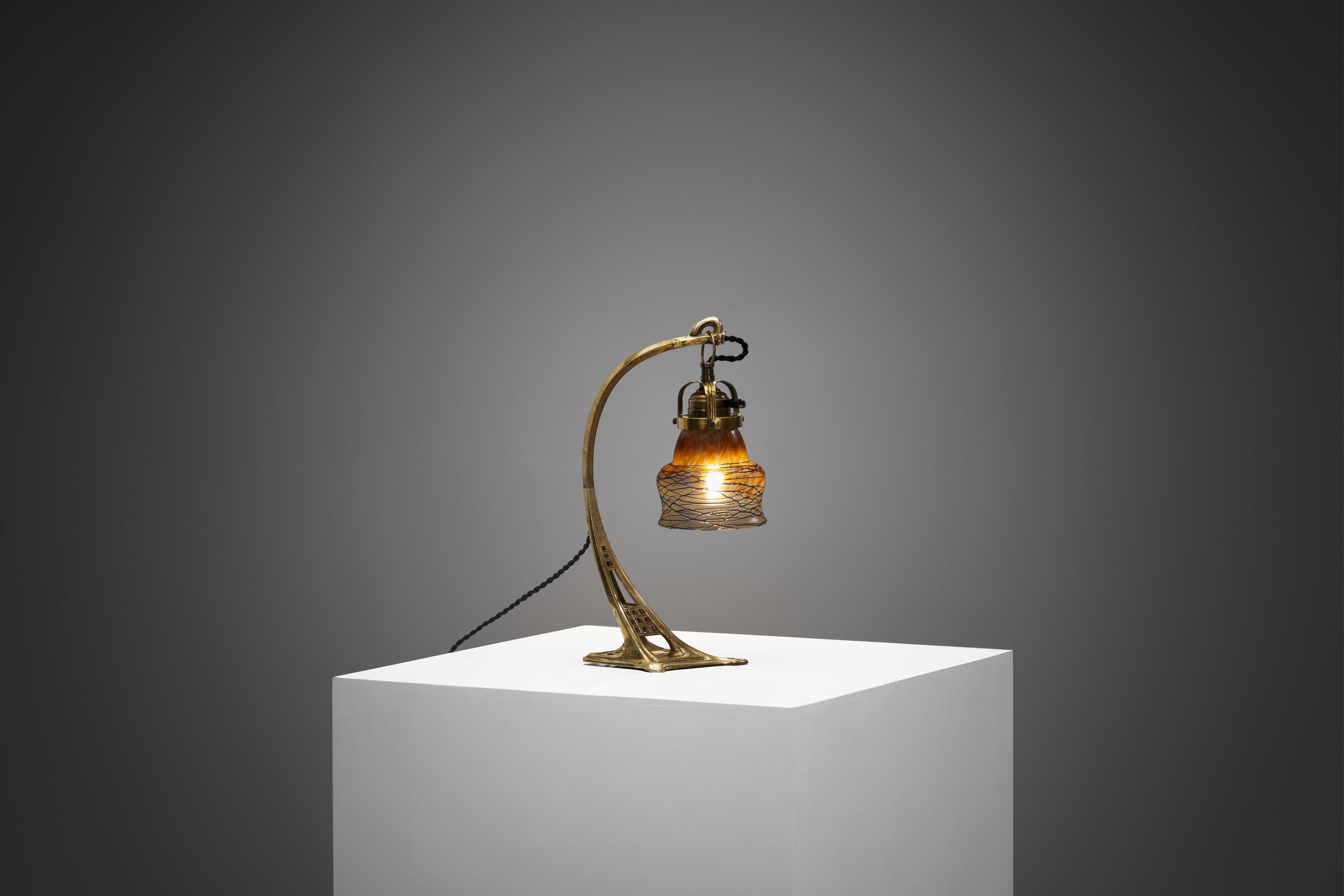 European Brass Table Lamp with Iridescent Glass Shade, Europe, Early 20th Century For Sale