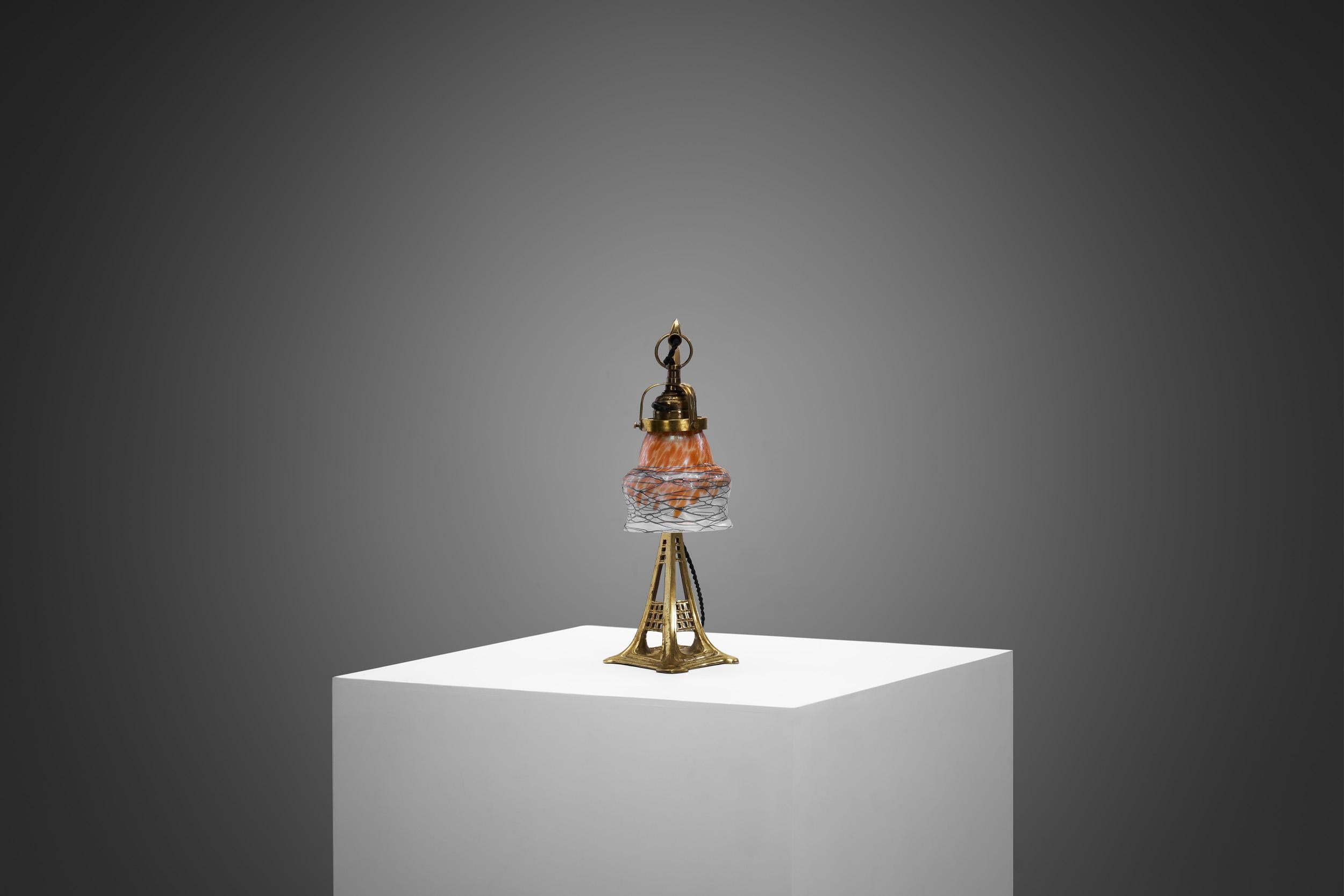 Brass Table Lamp with Iridescent Glass Shade, Europe, Early 20th Century For Sale 2