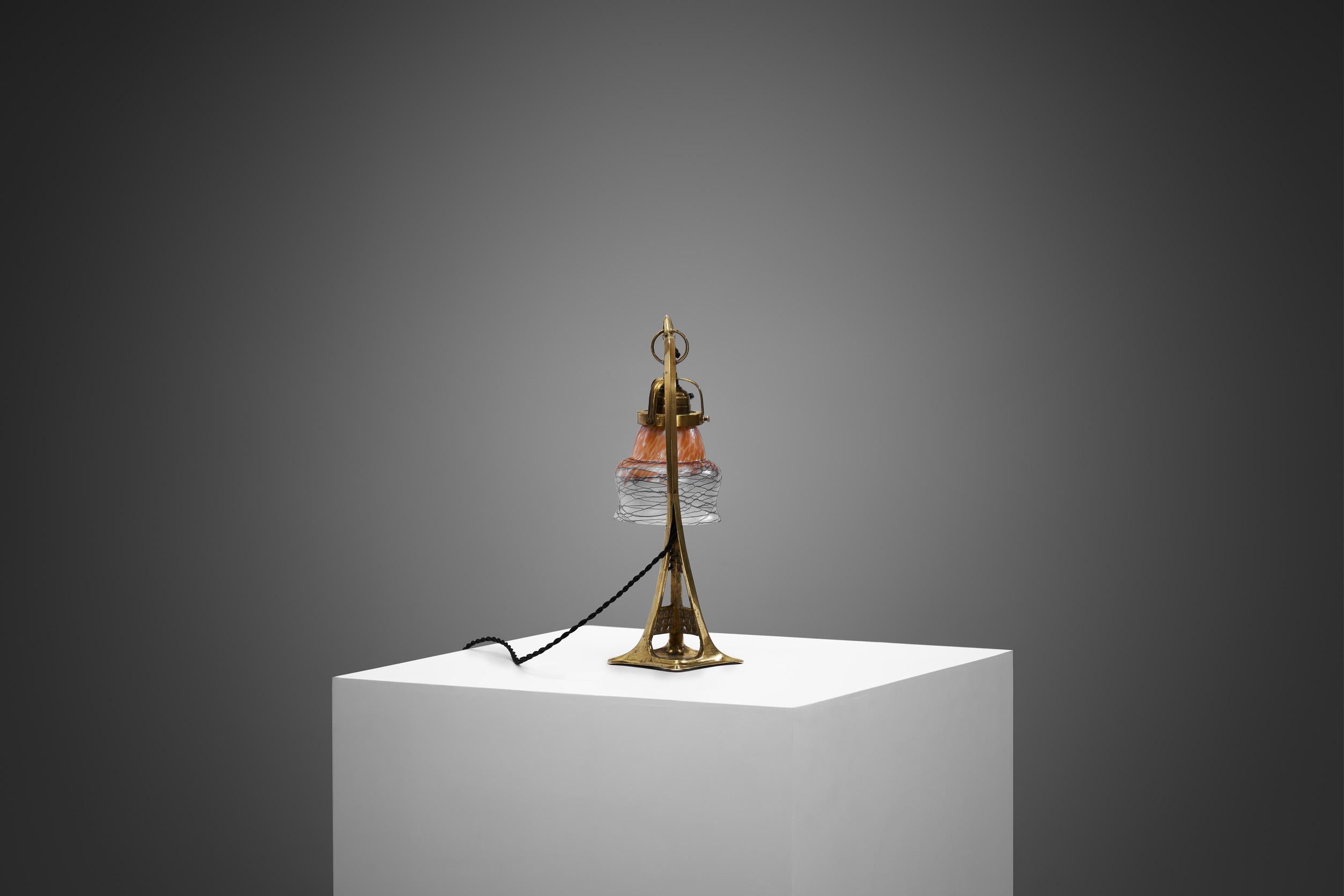 Brass Table Lamp with Iridescent Glass Shade, Europe, Early 20th Century For Sale 3