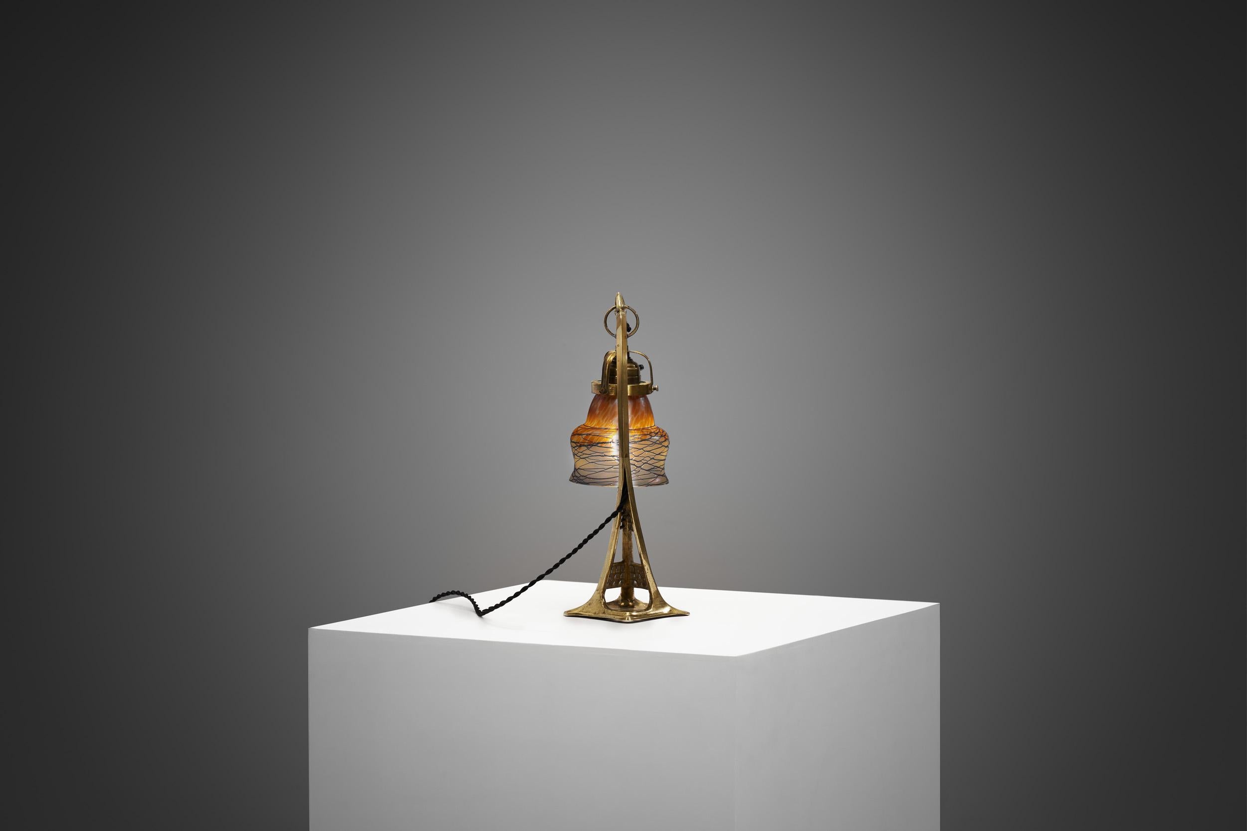 Brass Table Lamp with Iridescent Glass Shade, Europe, Early 20th Century For Sale 4